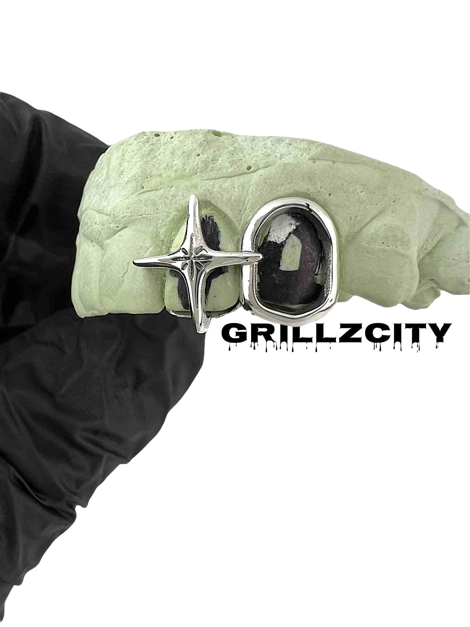 Custom Fit grillz  2 Teeth with Cross star women Grillz fangs cap/925 Silver Slugs Grillz , window grillz starlight grill with free mold kit - GrillzCity