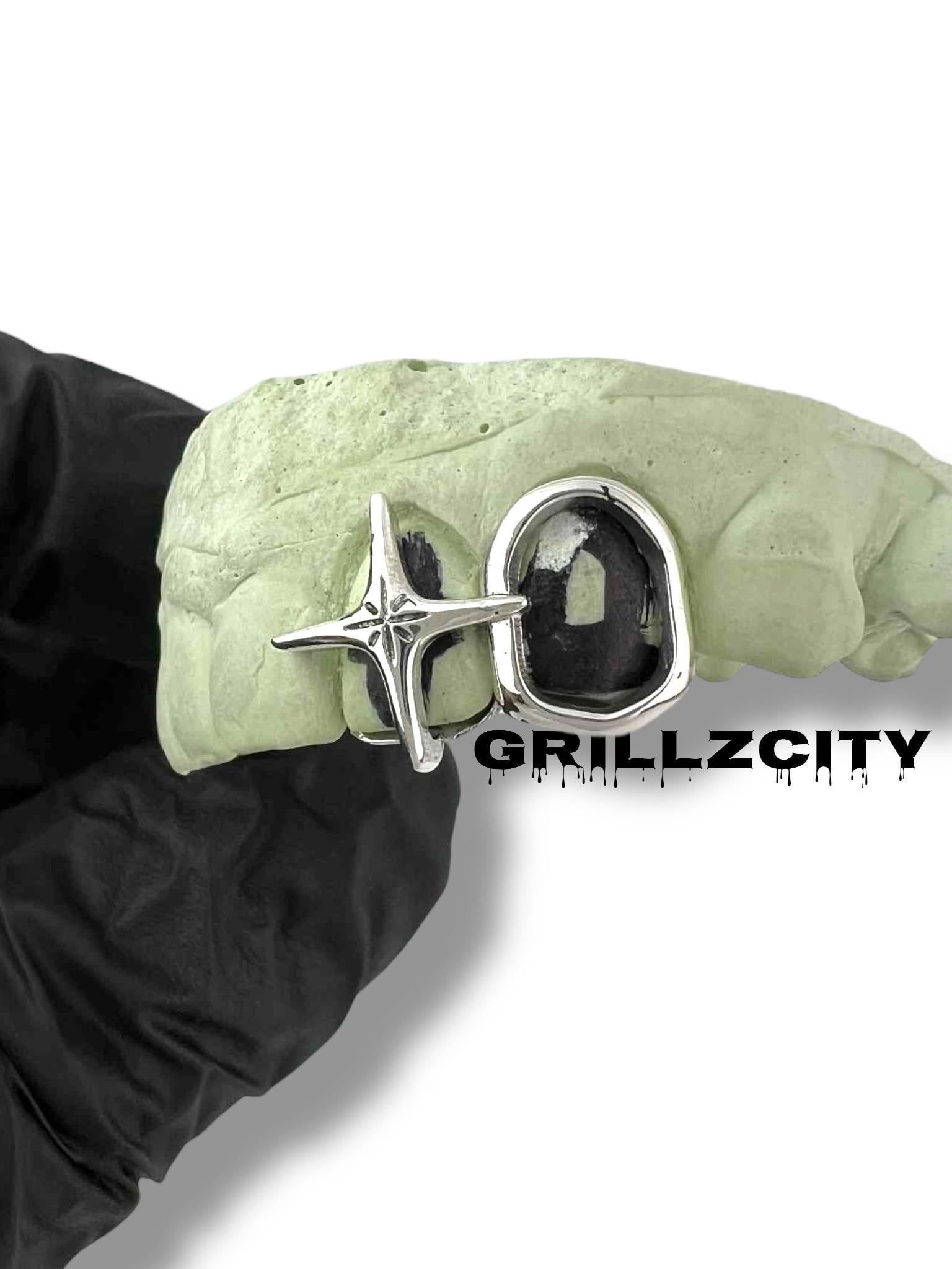 Custom Fit grillz  2 Teeth with Cross star women Grillz fangs cap/925 Silver Slugs Grillz , window grillz starlight grill with free mold kit - GrillzCity