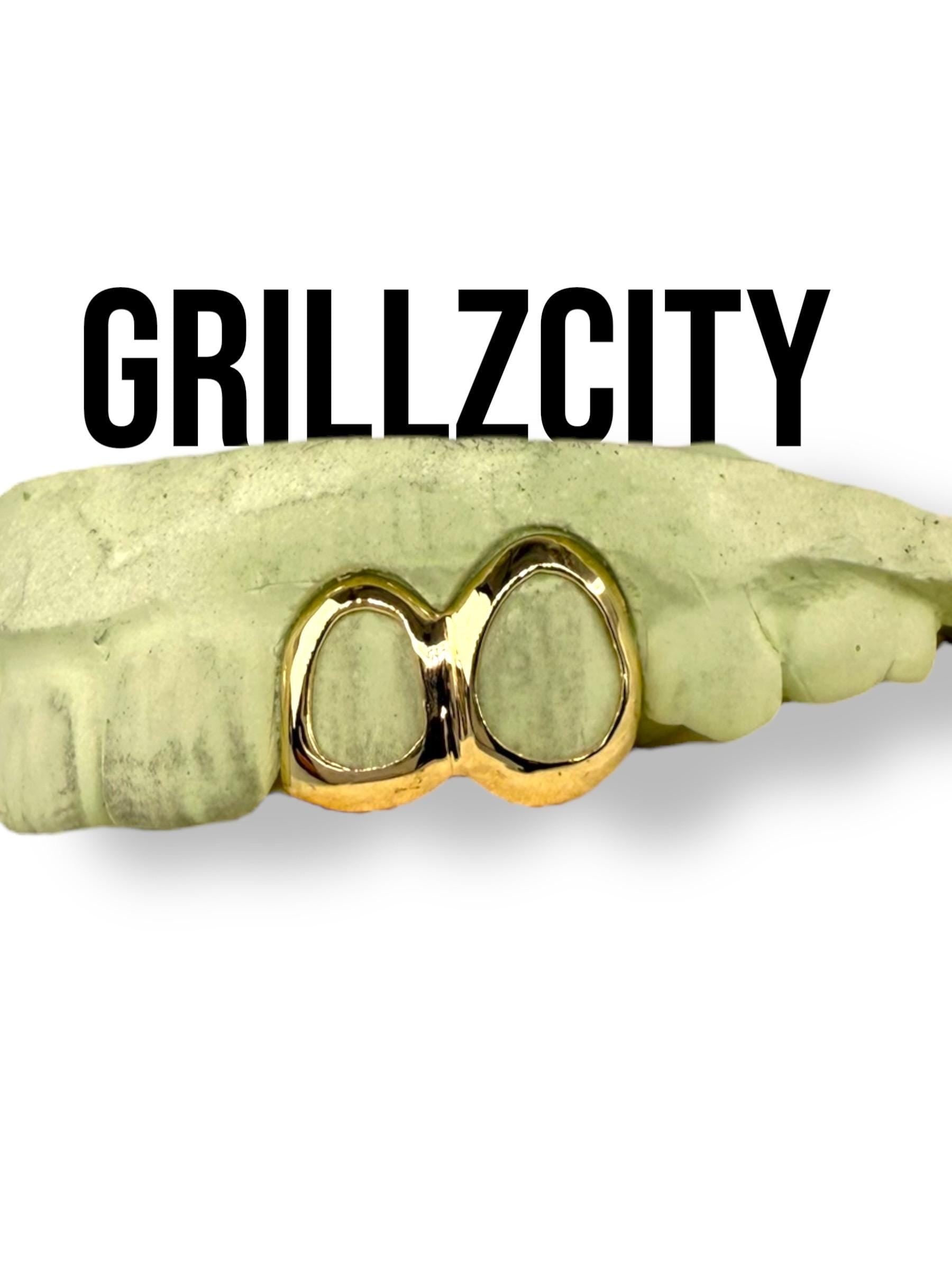 Real Solid Grillz 10K Gold or 14K Gold Custom Grillz Open Face window grillz Two Side Teeth Double Caps Canine Teeth Grillz Slug fangs / free mold kit - GrillzCity
