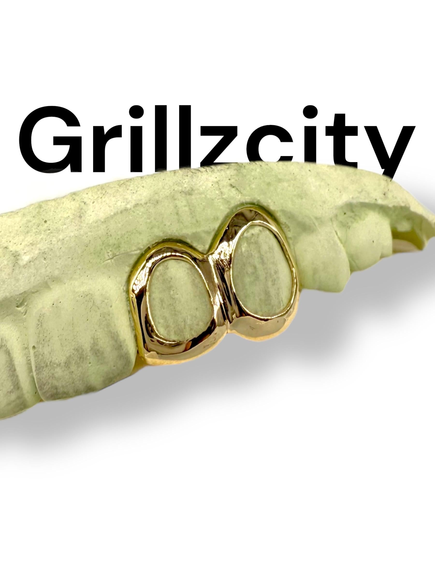 Real Solid Grillz 10K Gold or 14K Gold Custom Grillz Open Face window grillz Two Side Teeth Double Caps Canine Teeth Grillz Slug fangs / free mold kit - GrillzCity