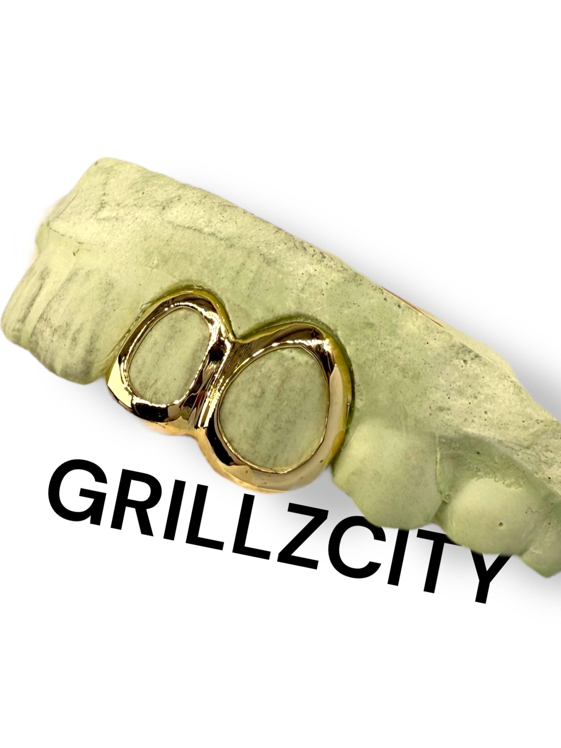Real Solid Grillz 10K Gold or 14K Gold Custom Grillz Open Face window grillz Two Side Teeth Double Caps Canine Teeth Grillz Slug fangs / free mold kit - GrillzCity