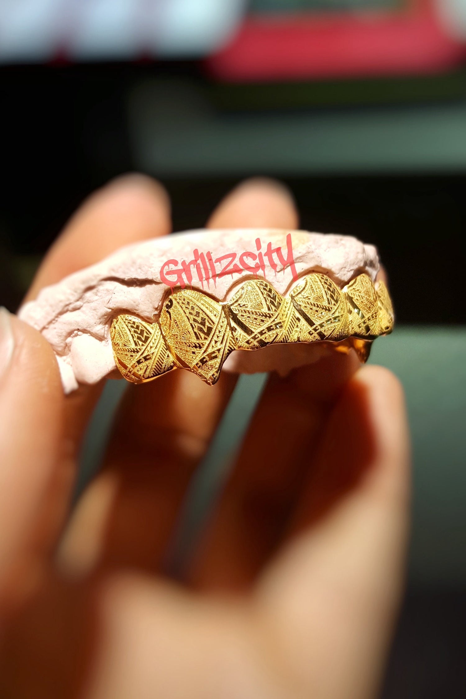 Handmade Real Gold custom fit Grillz / 925 Siver Grillz Polynesian / Tribal Engrave ( 925 silver - 10K - 14K ) Unique Design Goldteeth - GrillzCity