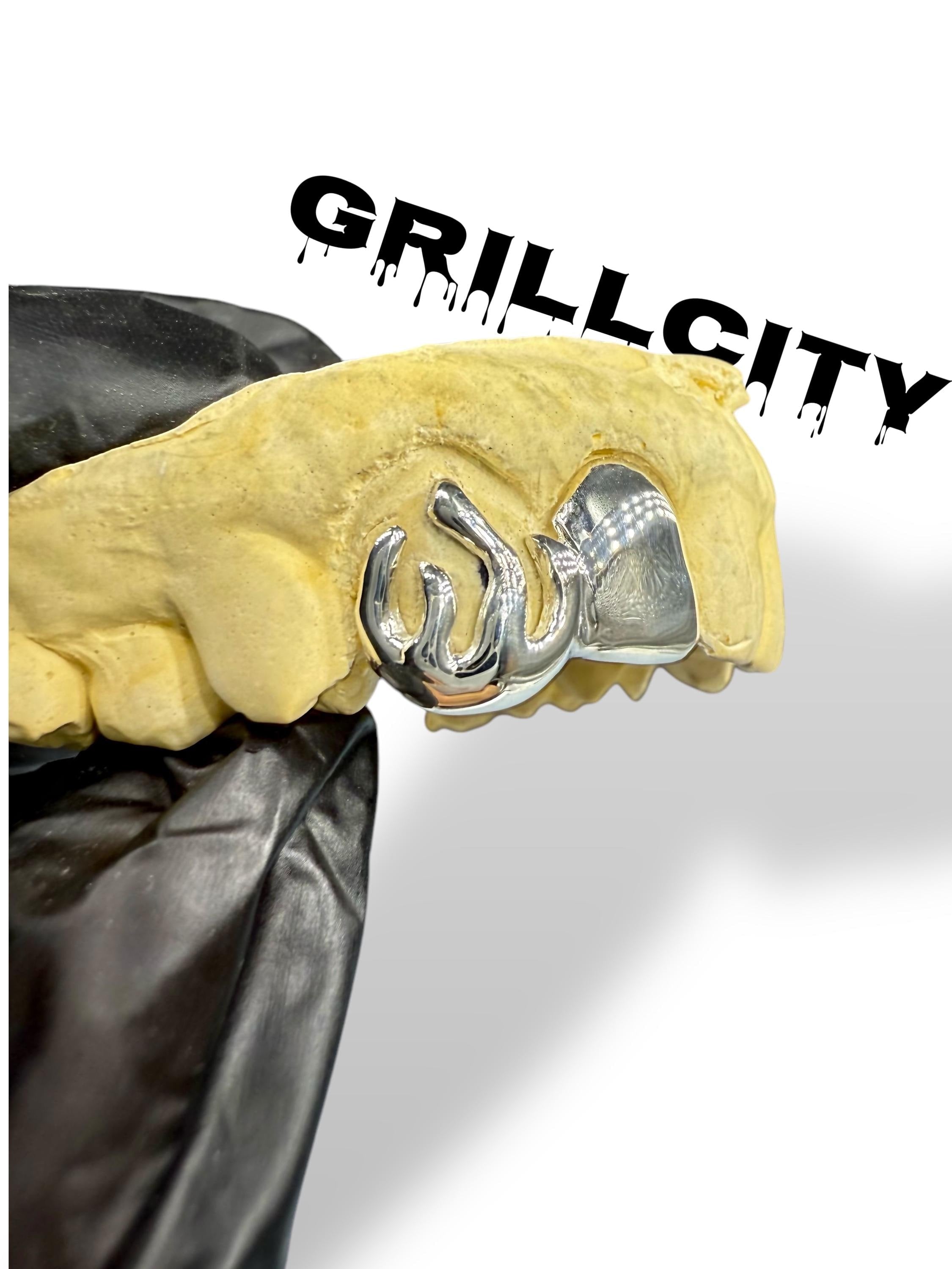 Custom Fit grillz  2 Teeth with fire flame open face or plain solid  Grillz fangs /925 Silver Slugs Grillz with fangs - GrillzCity
