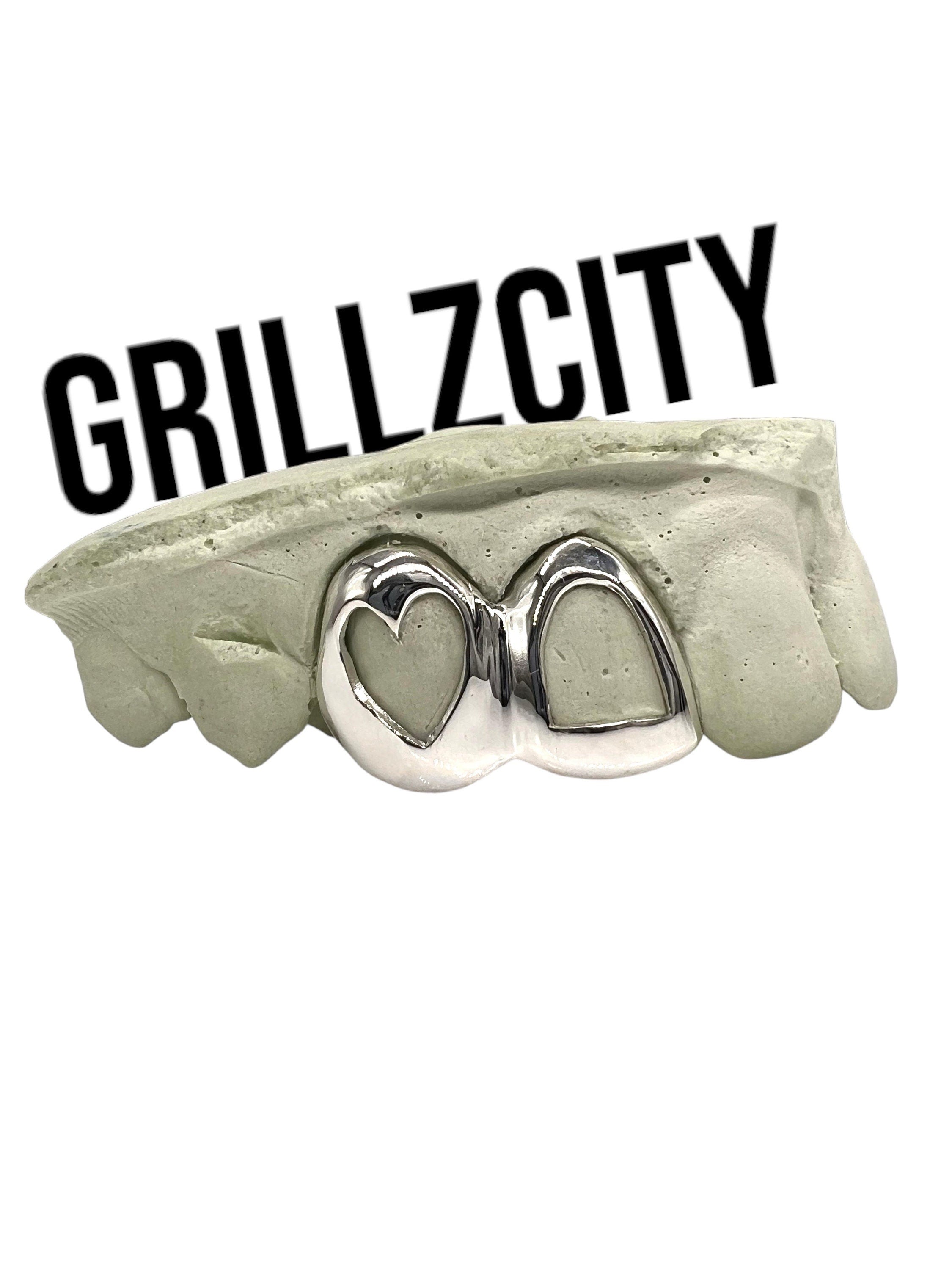 Custom Fit grillz 2 Teeth with heart or star open face grillz fangs /gold Silver Slugs Grillz/grillz with fangs free mold kit free shipping - GrillzCity