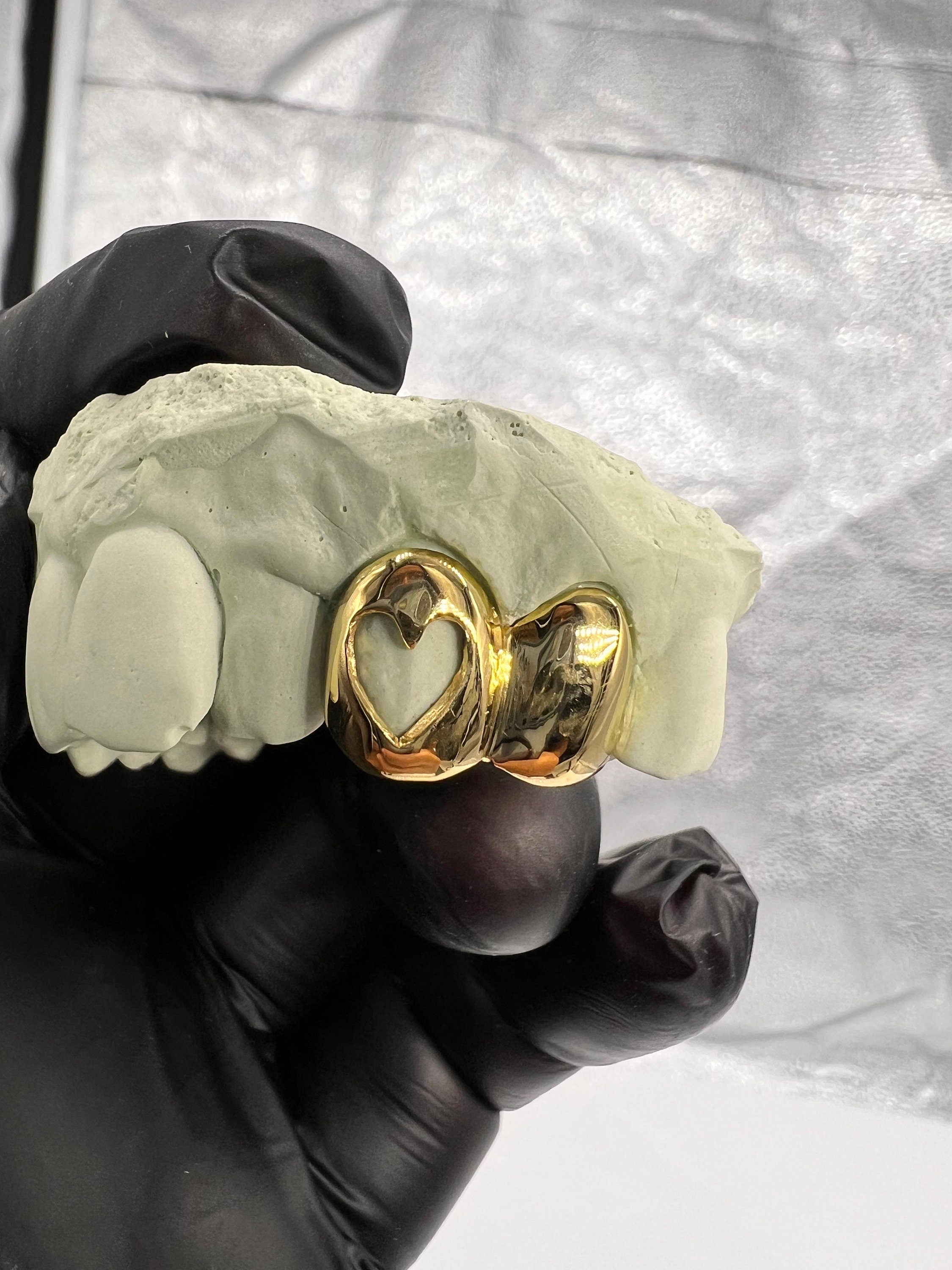 Custom Fit grillz 2 Teeth with heart or star open face grillz fangs /gold Silver Slugs Grillz/grillz with fangs free mold kit free shipping - GrillzCity