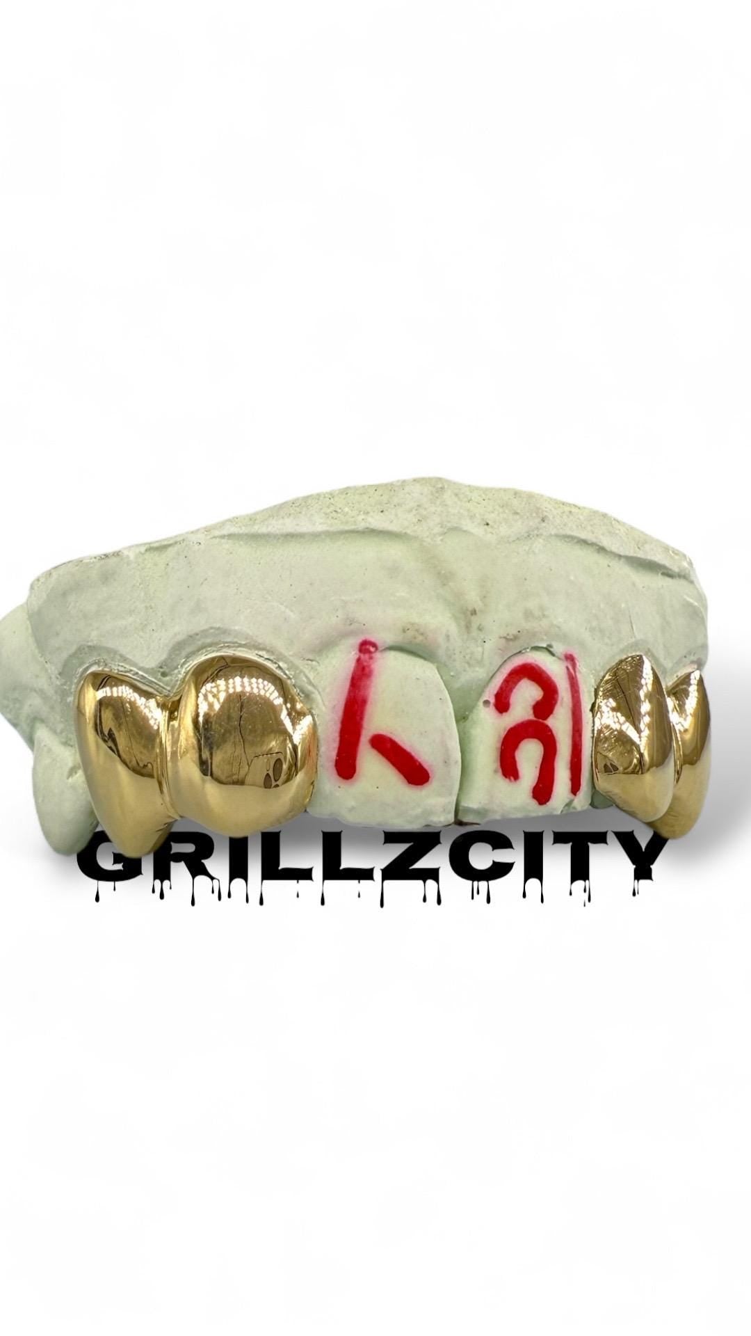 Custom solid Fit grillz  4 Teeth Gold Grillz fangs / 925 Silver Slugs grillz with fangs / Vampire grillz with free mold kit Grillz for Women - GrillzCity