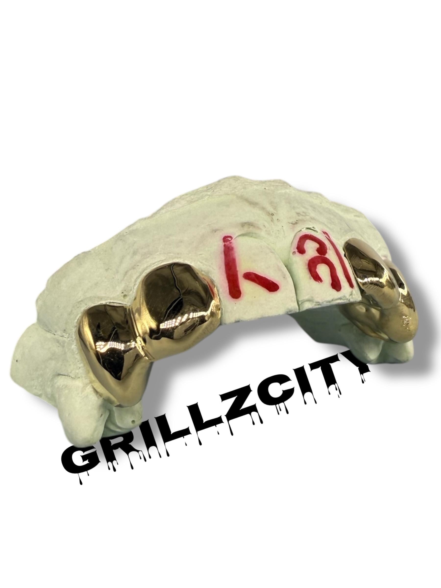 Custom solid Fit grillz  4 Teeth Gold Grillz fangs / 925 Silver Slugs grillz with fangs / Vampire grillz with free mold kit Grillz for Women - GrillzCity