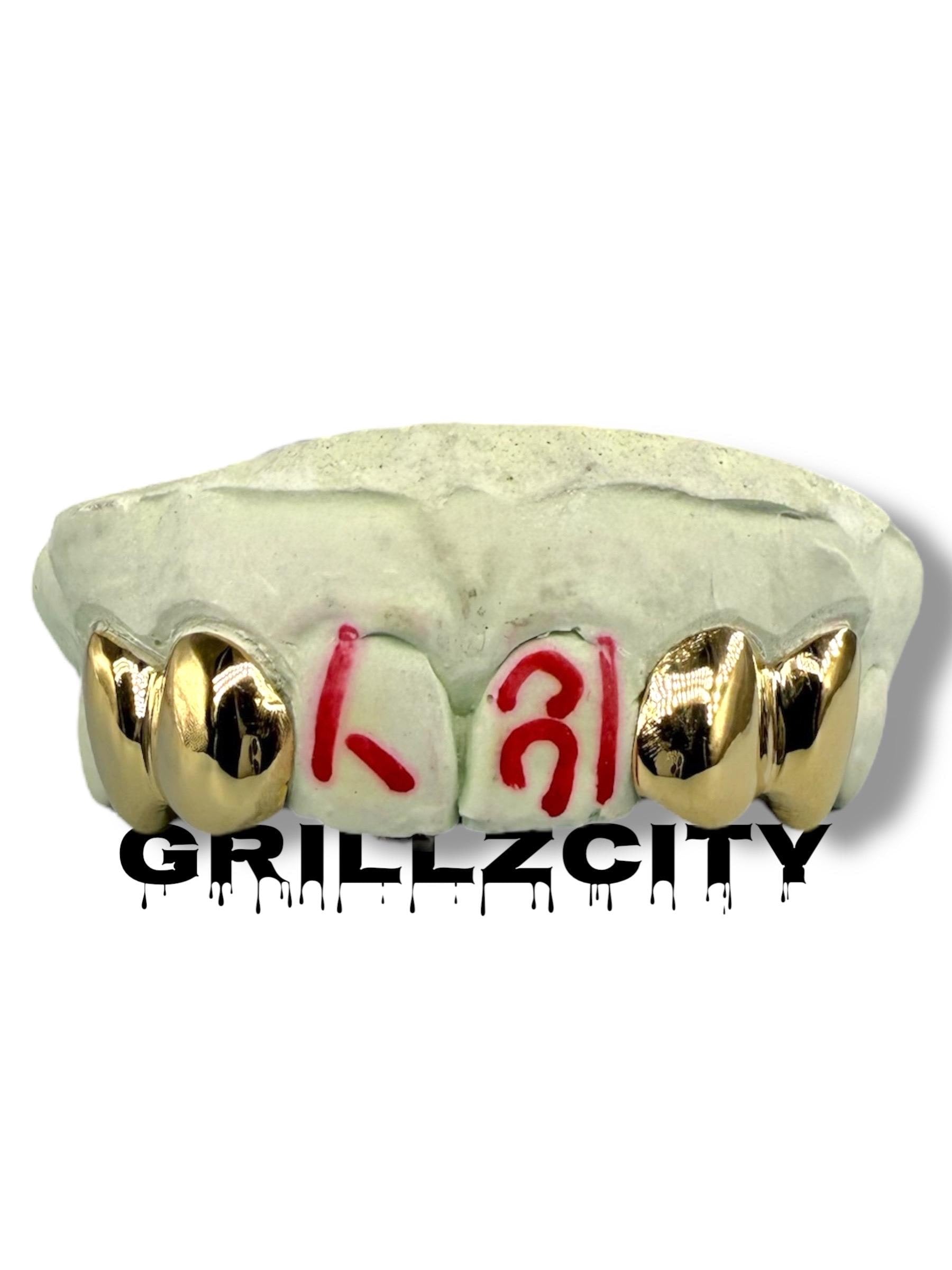 Custom solid Fit grillz  4 Teeth Gold Grillz fangs / 925 Silver Slugs grillz with fangs / Vampire grillz with free mold kit Grillz for Women - GrillzCity