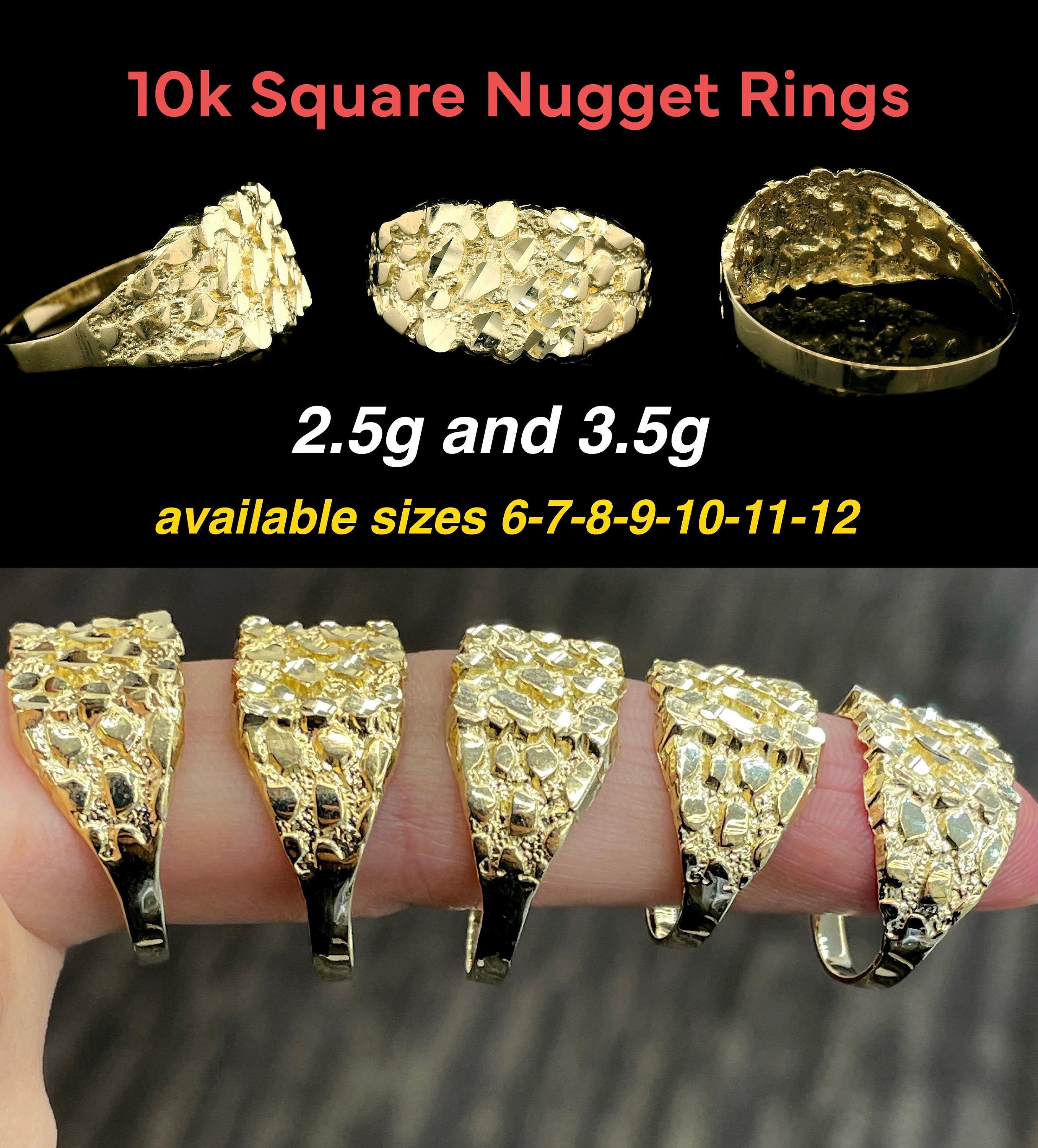 10K gold square nugget Rings | Real Solid Gold 10K Square Nugget Ring Yellow Gold | 2.5gram to 3.5gram| Statement Rings |Nugget Ring for men - GrillzCity