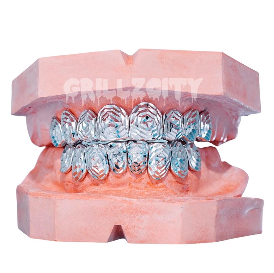 Rose Diamond Cut Grillz - Gold Teeth Silver Custom Grillz - GrillzCity