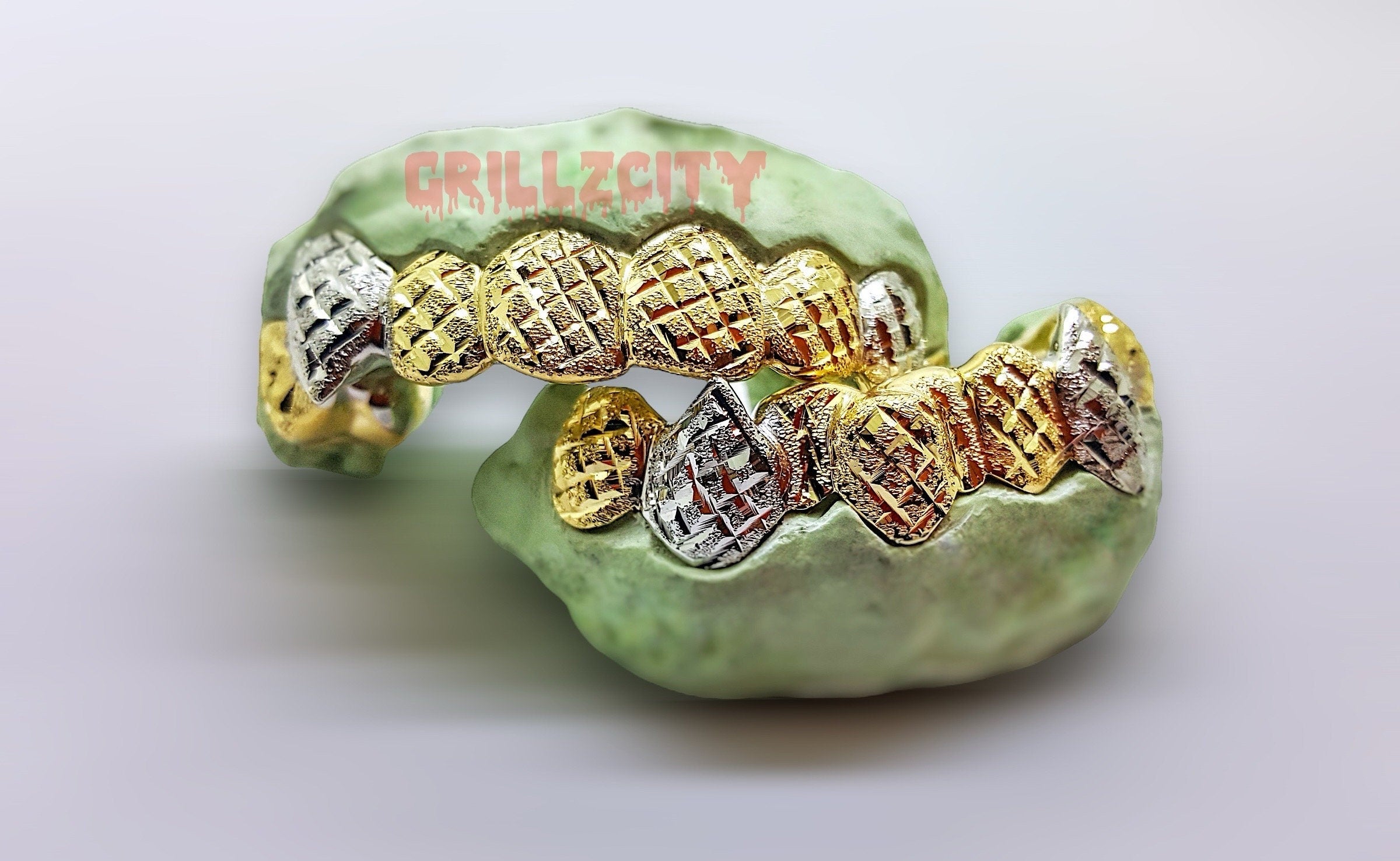Custom Real 2 color Gold Grillz / 925 Silver Grillz  Diamond dust diamond Cut Custom Grillz with free mold kit and shipping by Grillzcity - GrillzCity