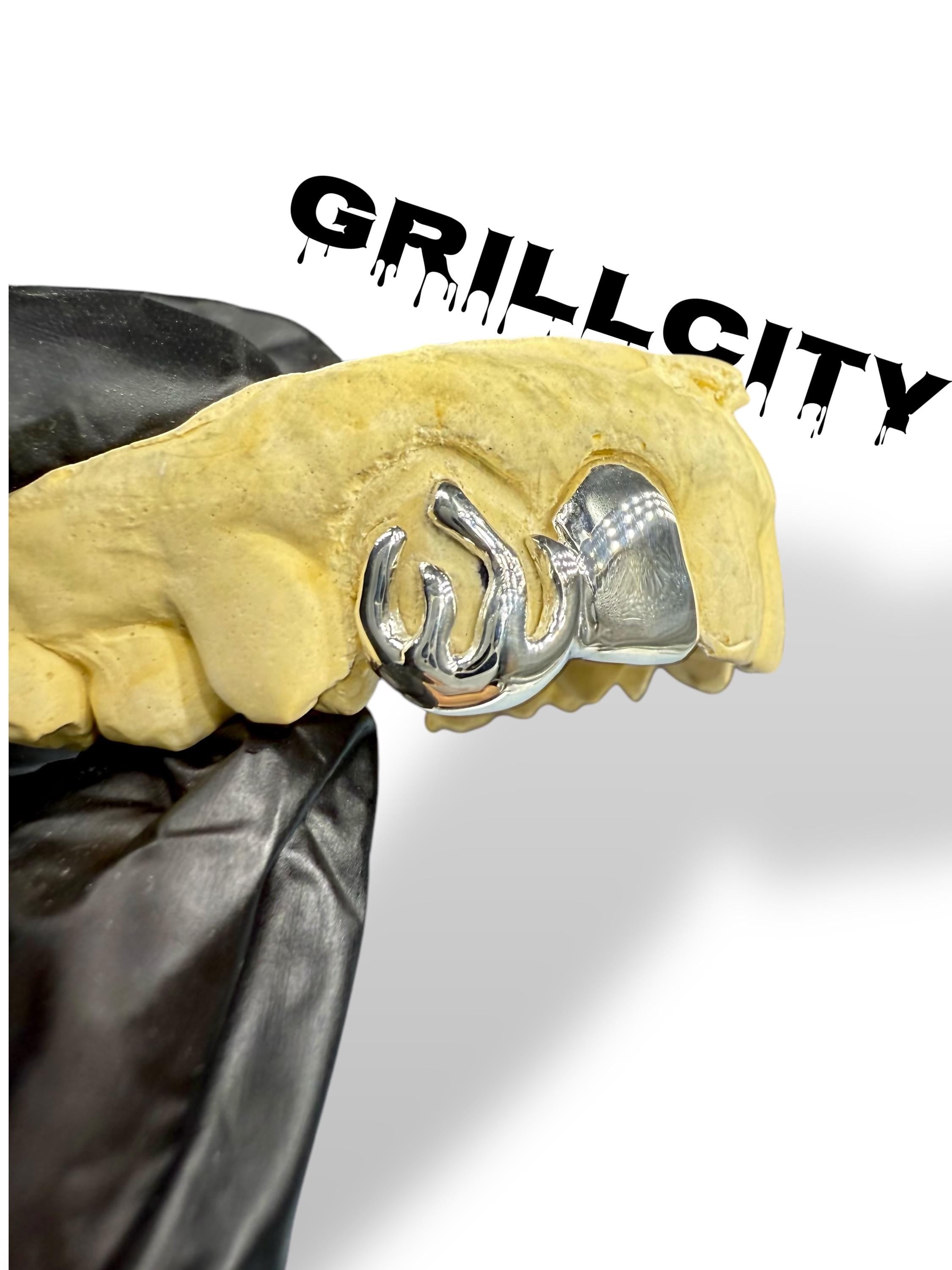 Custom Fit grillz  2 Teeth with fire flame open face or plain solid  Grillz fangs /925 Silver Slugs Grillz with fangs with free mold kit - GrillzCity