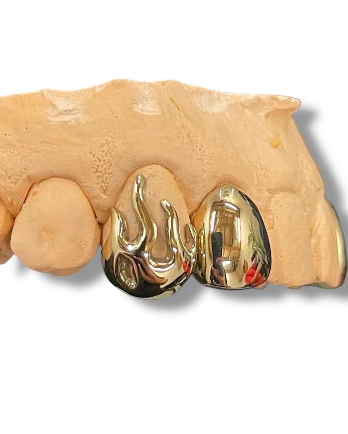 Custom Fit grillz  2 Teeth with fire flame open face or plain solid  Grillz fangs /925 Silver Slugs Grillz with fangs with free mold kit - GrillzCity