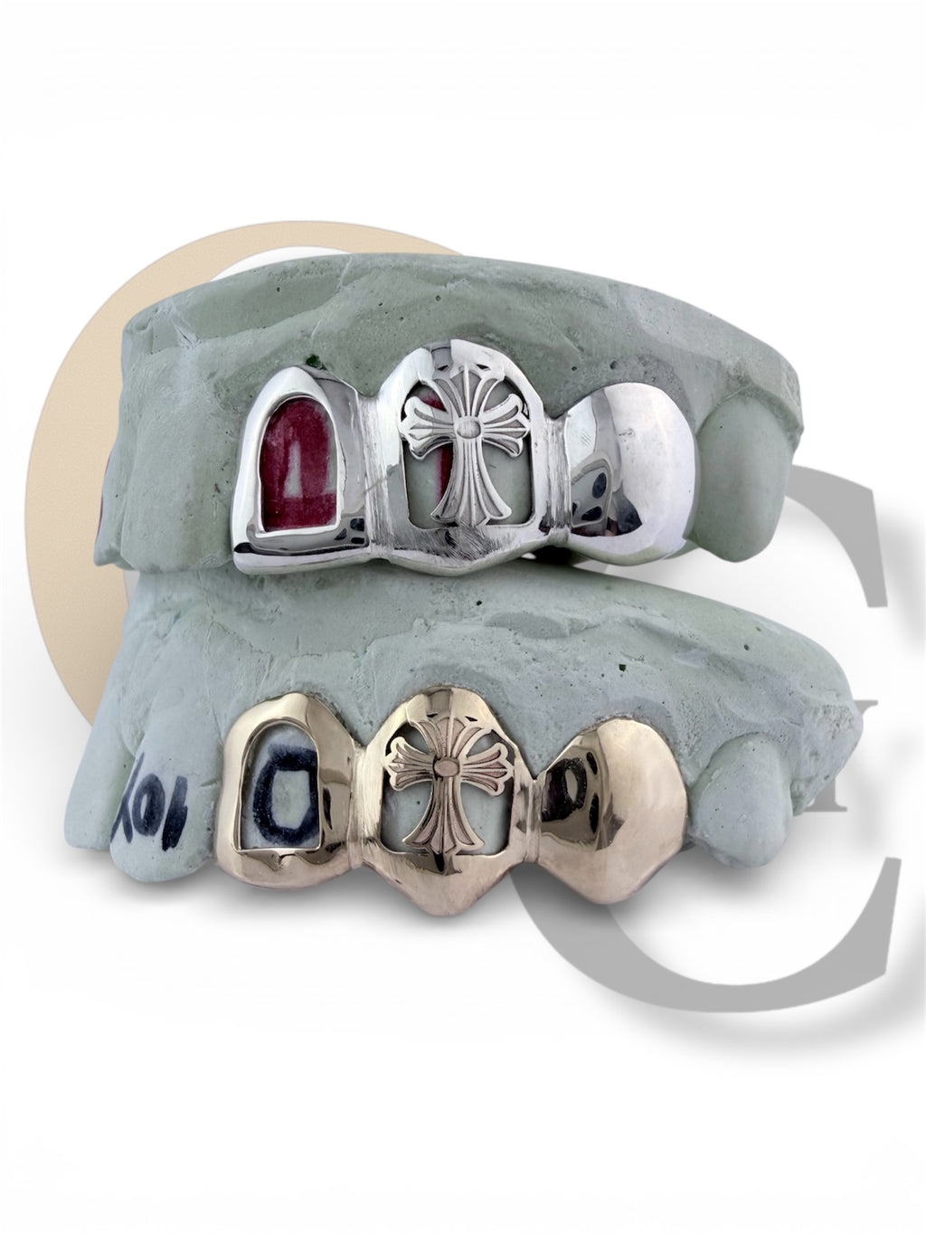 Custom Fit high polish grillz 3 Teeth with open face window Cross Cutout grillz fangs /gold Sterling Silver Chrome Slugs grillz with fangs for women and men - GrillzCity 