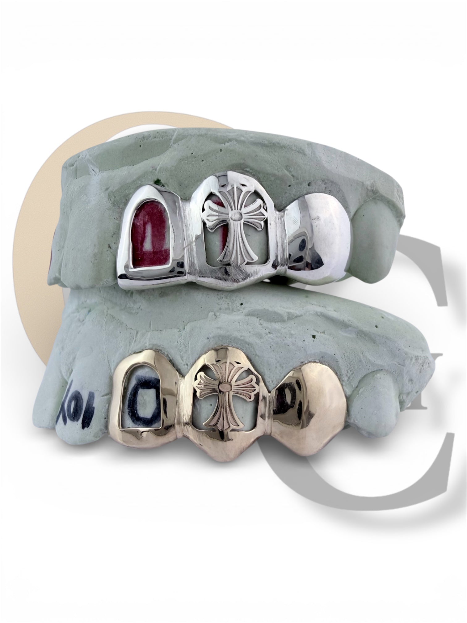 Custom Fit high polish grillz 3 Teeth with open face window Cross Cutout grillz fangs /gold Sterling Silver Chrome Slugs grillz with fangs for women and men - GrillzCity 