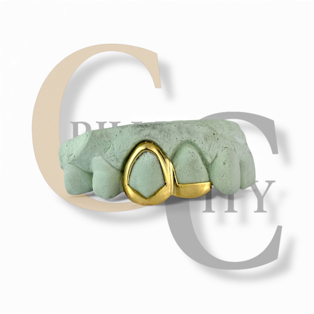 Custom Fit Grillz - 2 Teeth with Front Bar and Small Front Bar or Star Open Face Grillz Fangs - GrillzCity 