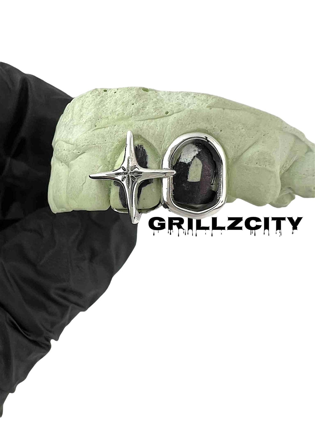 Custom Fit grillz  2 Teeth with Cross star women Grillz fangs cap/925 Silver Slugs Grillz , window grillz starlight grill with free mold kit - GrillzCity 