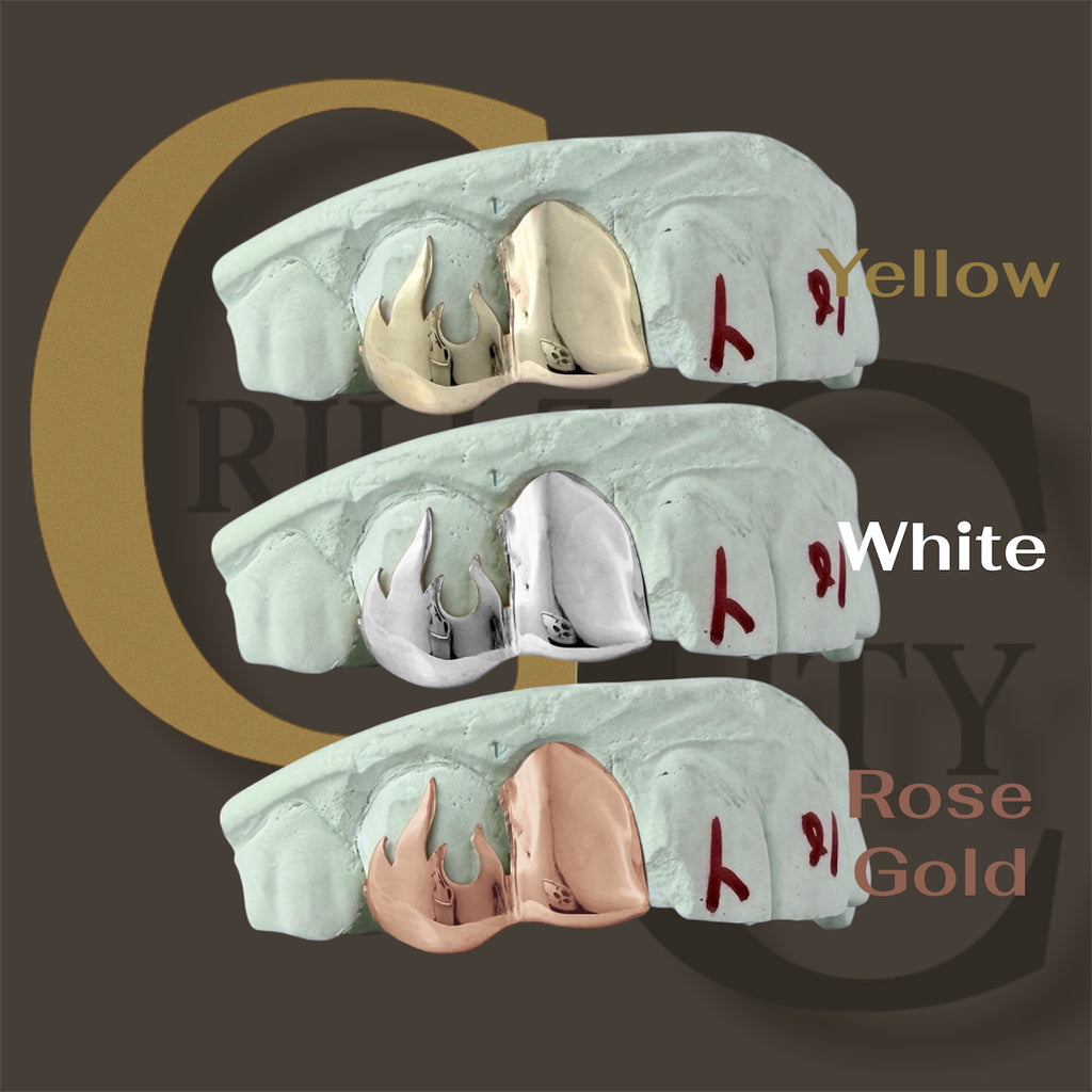 Custom Fit grillz  2 Teeth with fire flame open face or plain solid  Grillz fangs /925 Silver Slugs Grillz with fangs with free mold kit - GrillzCity 