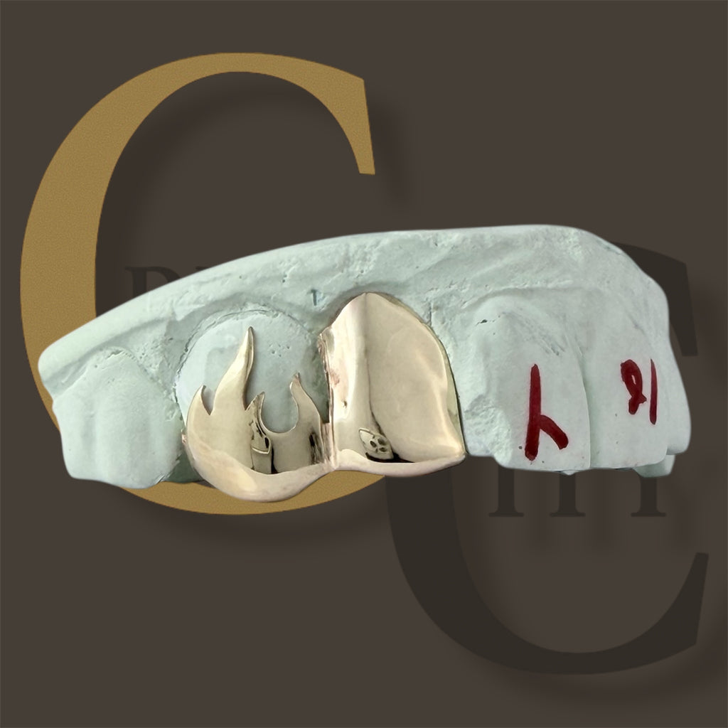 Custom Fit grillz  2 Teeth with fire flame open face or plain solid  Grillz fangs /925 Silver Slugs Grillz with fangs with free mold kit - GrillzCity 