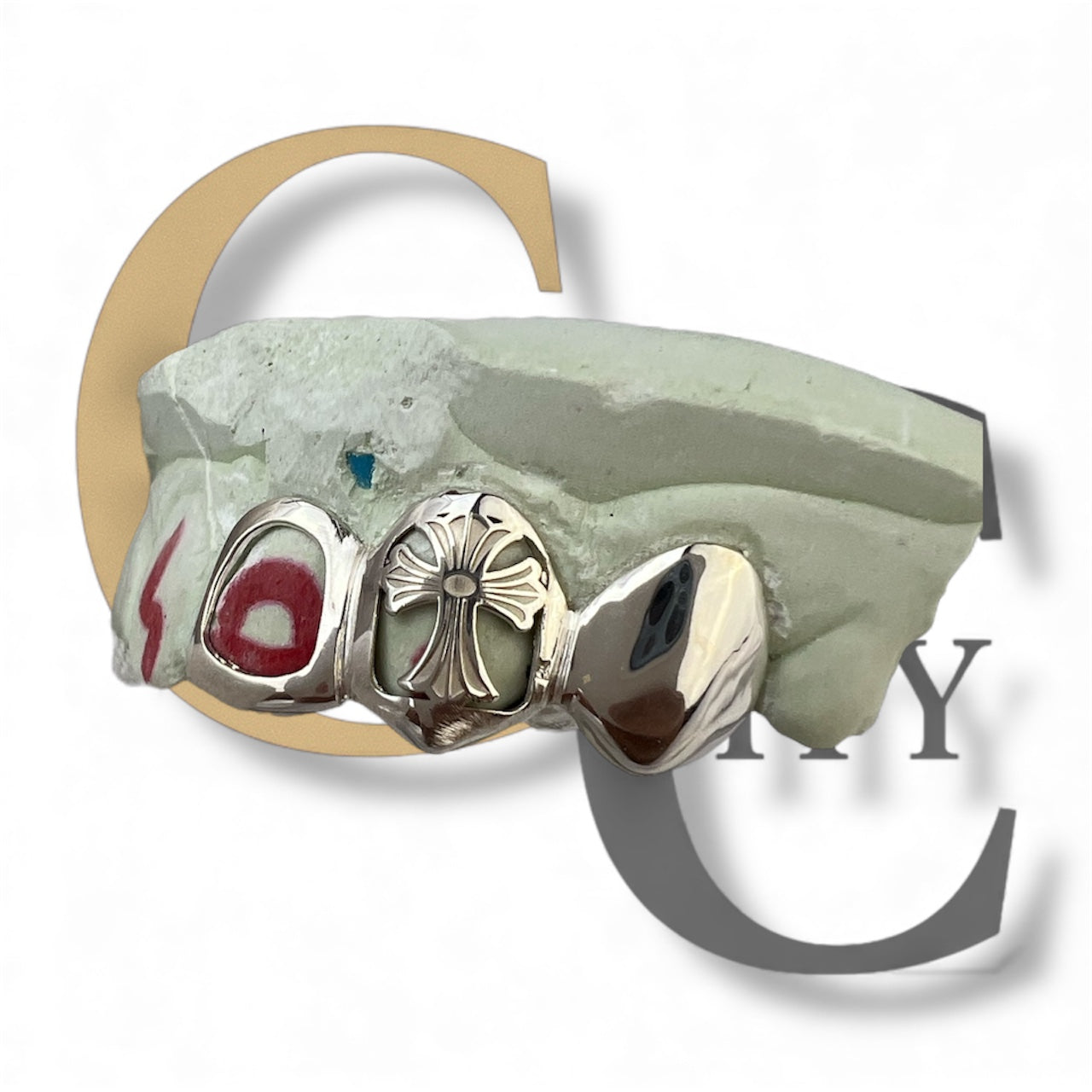 Custom Fit high polish grillz 3 Teeth with open face window Cross Cutout grillz fangs /gold Sterling Silver Chrome Slugs grillz with fangs for women and men - GrillzCity 