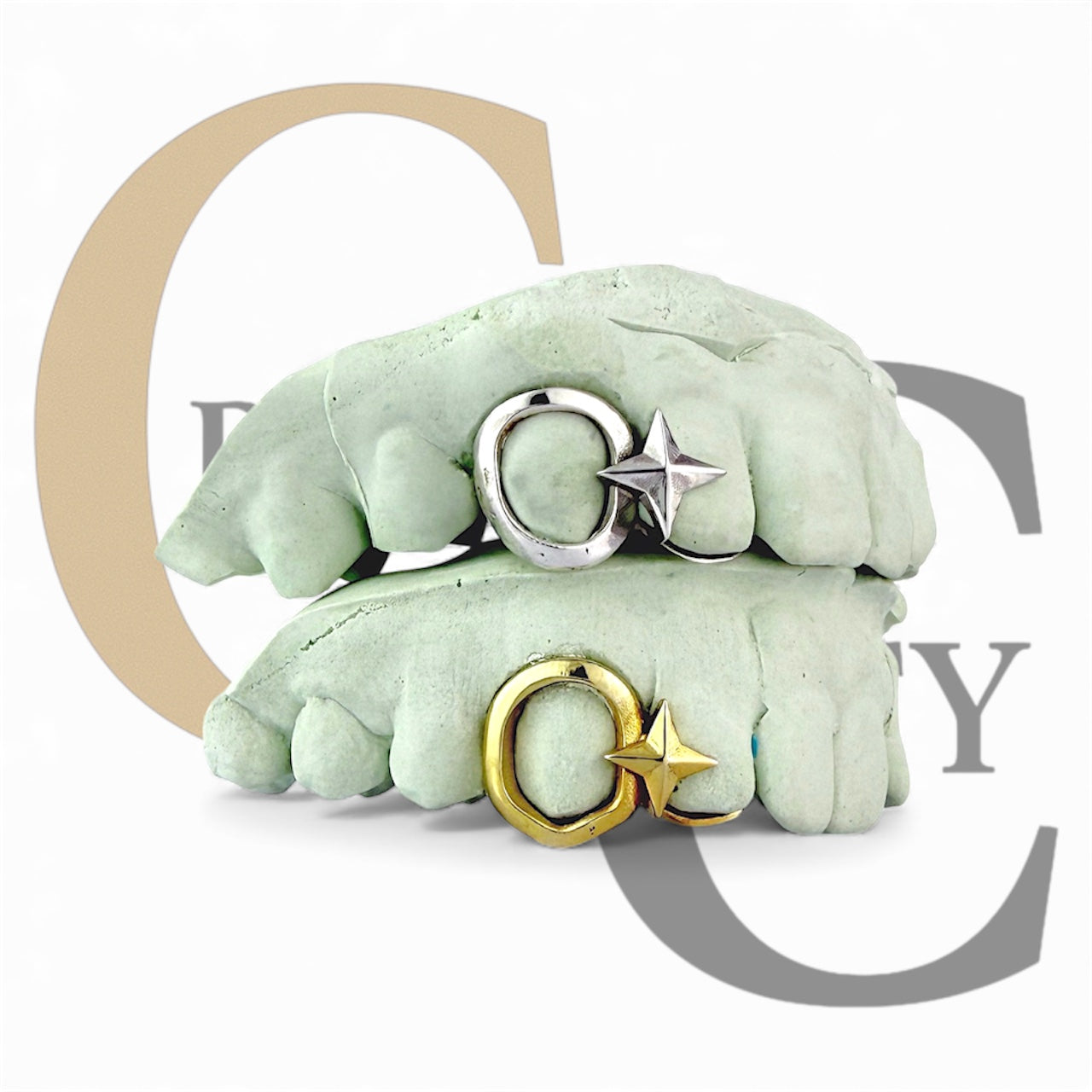 Custom Fit grillz  2 Teeth with star women Grillz fangs cap /925 Silver Slugs Grillz , window grillz Lisa Star with fangs with free mold kit - GrillzCity 