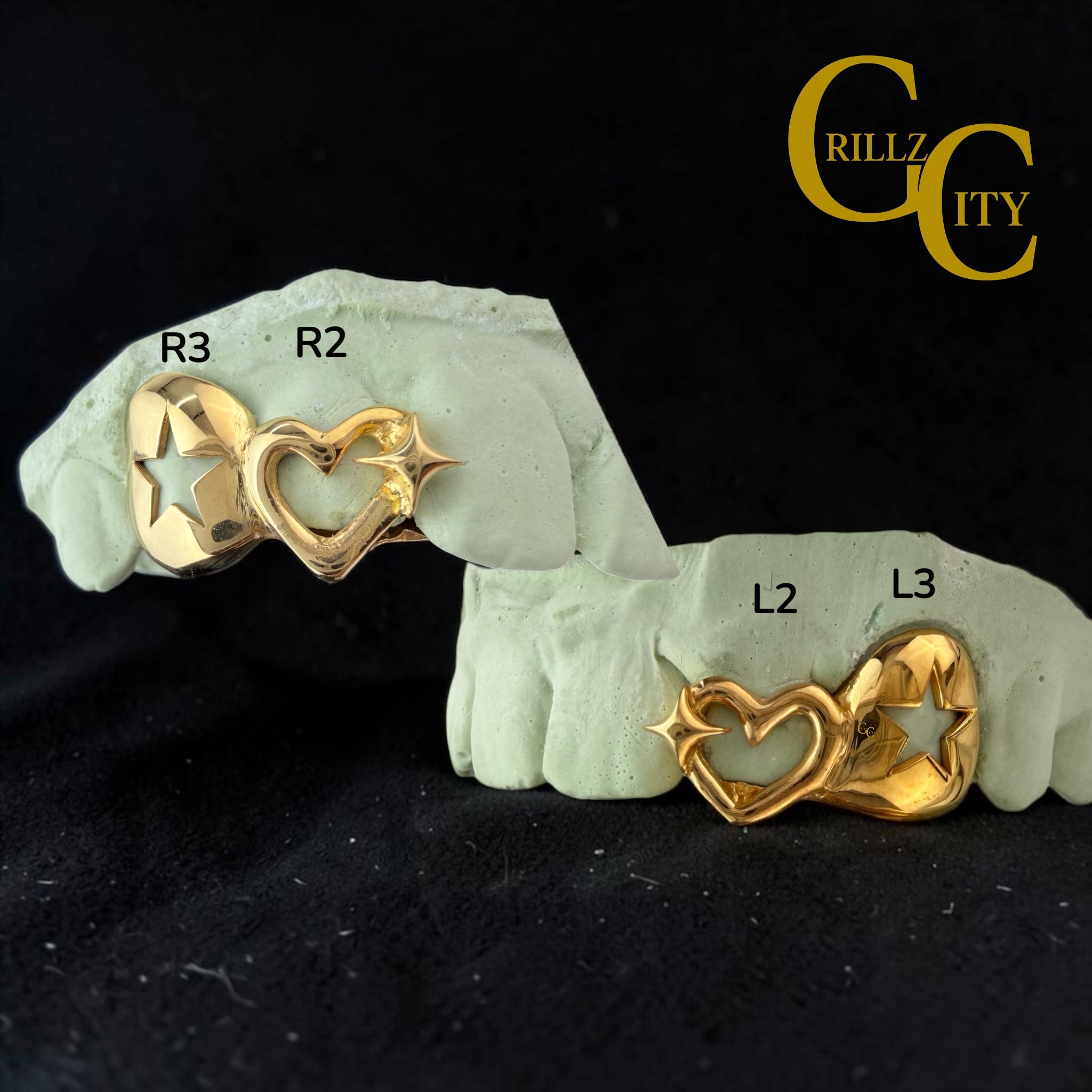 Custom Fit high polish grillz 3 Teeth with Star Cutout 3D Heart and 4 Point Star grillz fangs /gold Sterling Silver Slugs grillz with fangs for women and men - GrillzCity 