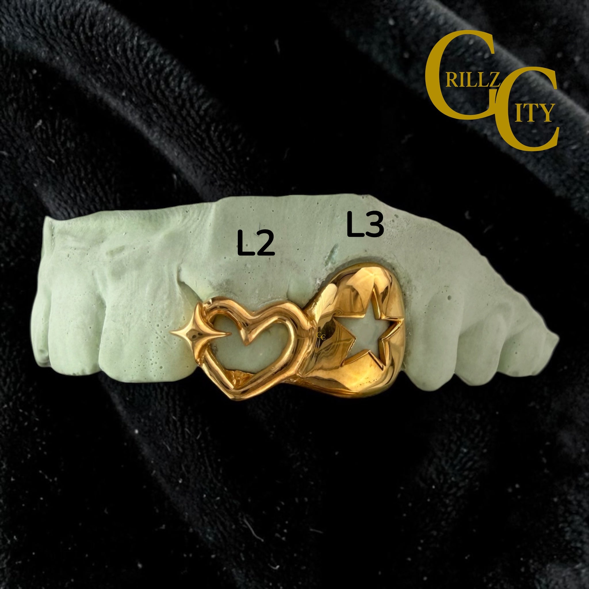 Custom Fit high polish grillz 3 Teeth with Star Cutout 3D Heart and 4 Point Star grillz fangs /gold Sterling Silver Slugs grillz with fangs for women and men - GrillzCity 