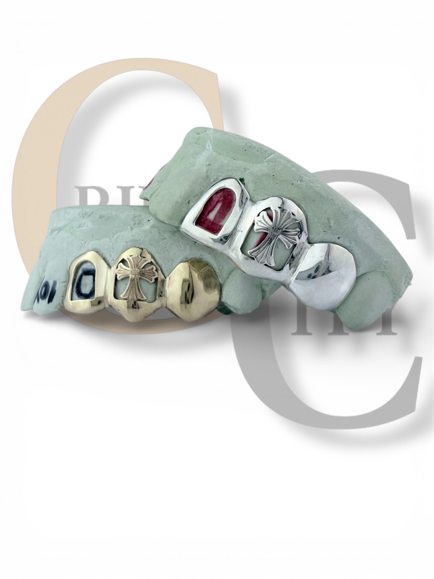 Custom Fit high polish grillz 3 Teeth with open face window Cross Cutout grillz fangs /gold Sterling Silver Chrome Slugs grillz with fangs for women and men - GrillzCity 