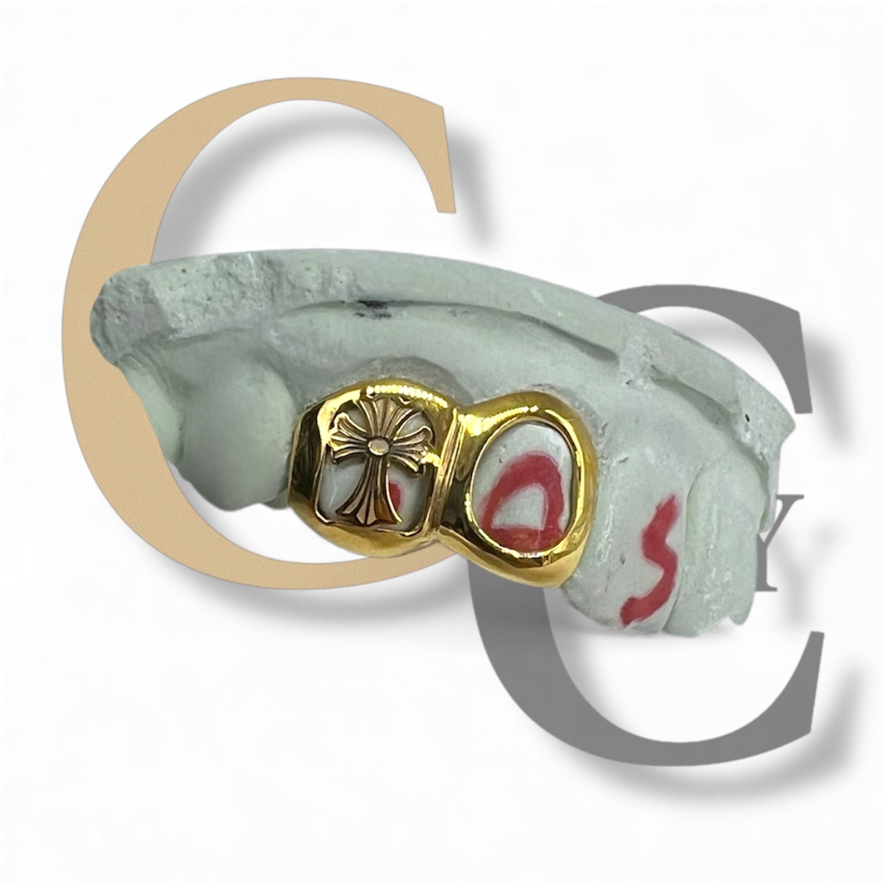 Custom Fit high polish grillz 3 Teeth with open face window Cross Cutout grillz fangs /gold Sterling Silver Chrome Slugs grillz with fangs for women and men - GrillzCity 