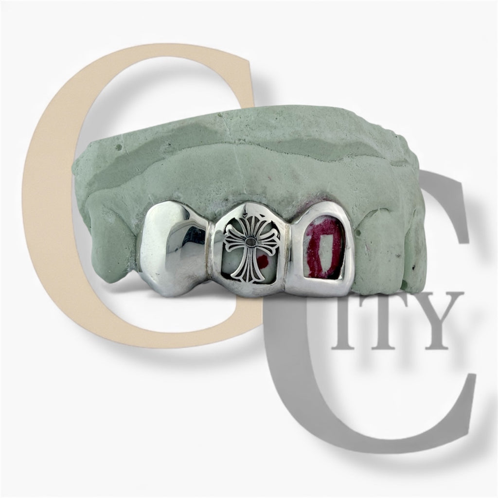 Custom Fit high polish grillz 3 Teeth with open face window Cross Cutout grillz fangs /gold Sterling Silver Chrome Slugs grillz with fangs for women and men - GrillzCity 