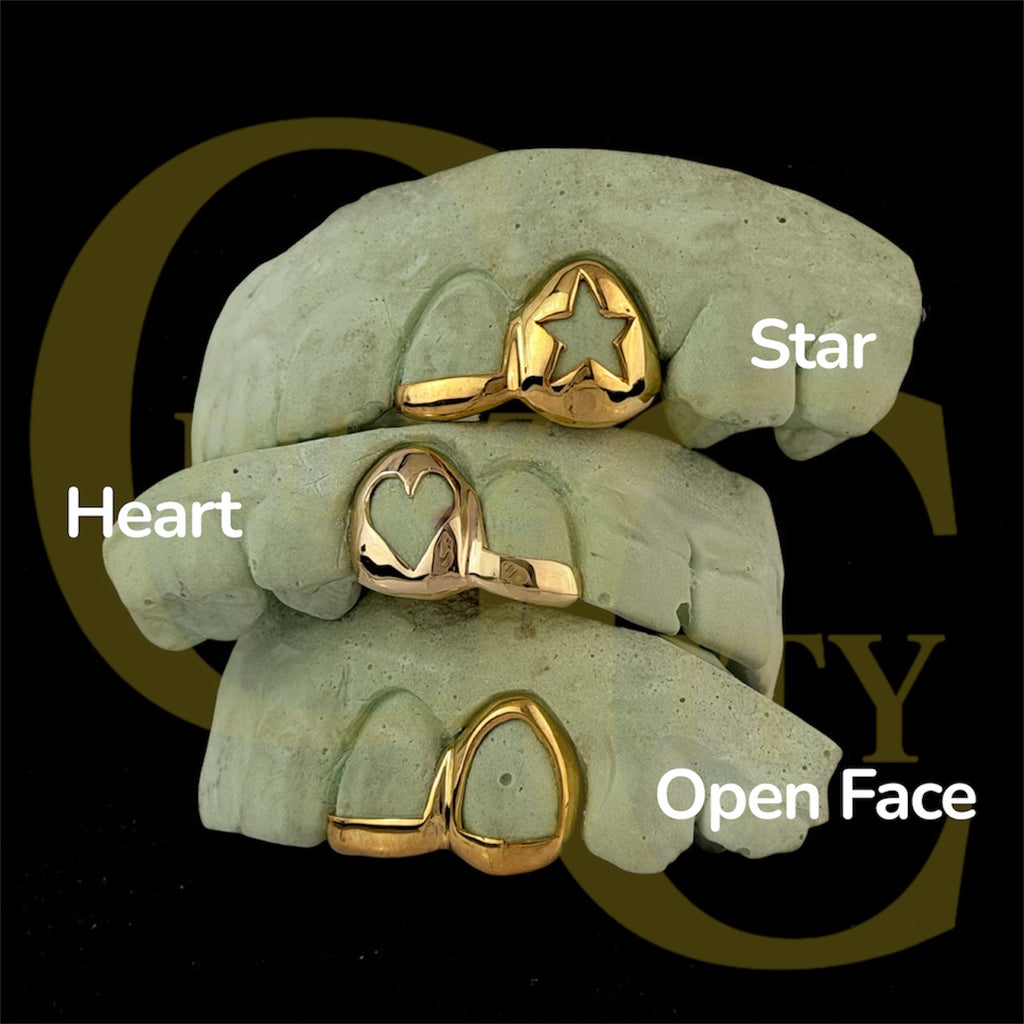 Custom Fit Grillz - 2 Teeth with Front Bar and Small Front Bar or Star Open Face Grillz Fangs - GrillzCity 