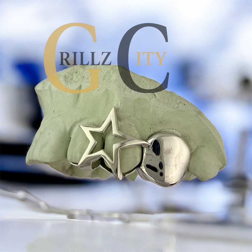 Custom Handmade grillz 2 - 3 Teeth with star or heart shape open face and solid Grillz fangs /925 Silver Slugs Grillz Solid Star gold  teeth for women - GrillzCity 