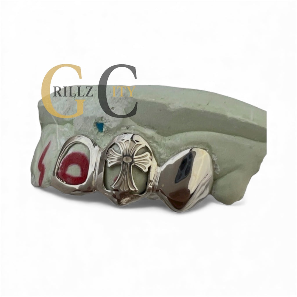 Custom Fit high polish grillz 3 Teeth with open face window Cross Cutout grillz fangs /gold Sterling Silver Chrome Slugs grillz with fangs for women and men - GrillzCity 