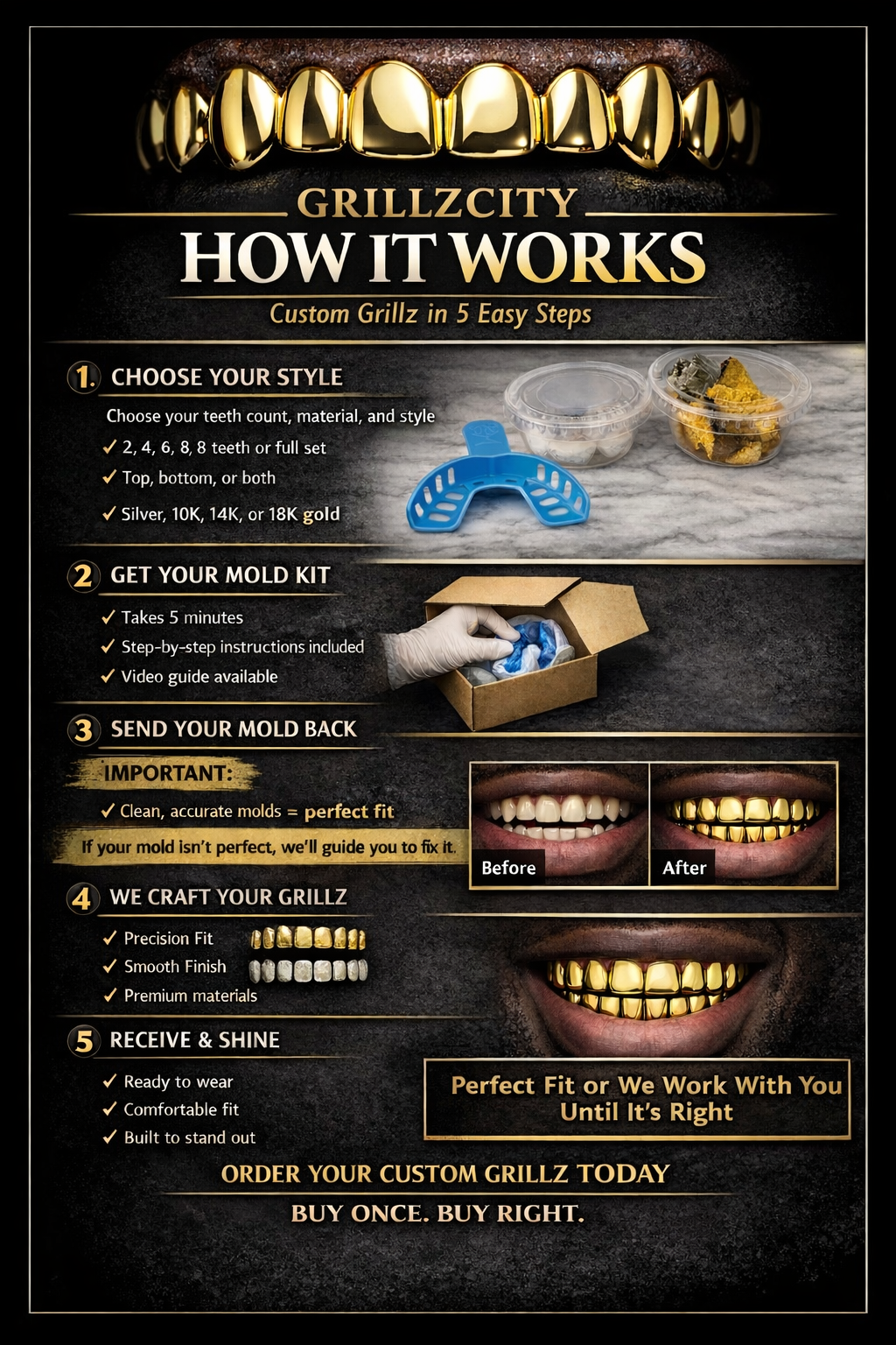 Custom Fit high polish grillz 3 Teeth with Star Cutout 3D Heart and 4 Point Star grillz fangs /gold Sterling Silver Slugs grillz with fangs for women and men - GrillzCity 