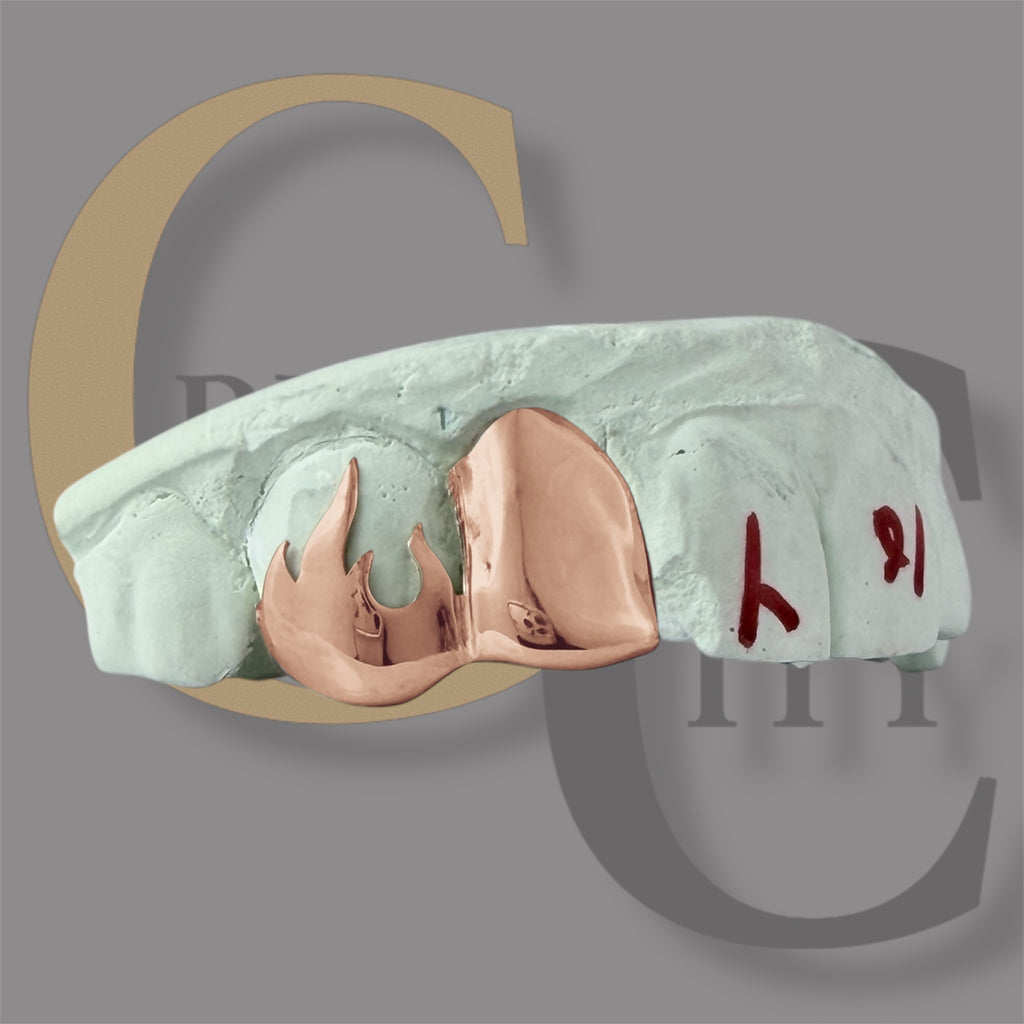 Custom Fit grillz  2 Teeth with fire flame open face or plain solid  Grillz fangs /925 Silver Slugs Grillz with fangs with free mold kit - GrillzCity 