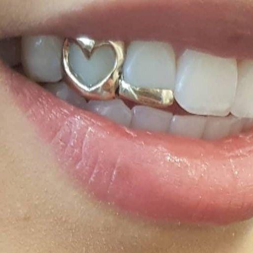 Custom Fit Grillz - 2 Teeth with Front Bar and Small Front Bar or Star Open Face Grillz Fangs - GrillzCity 