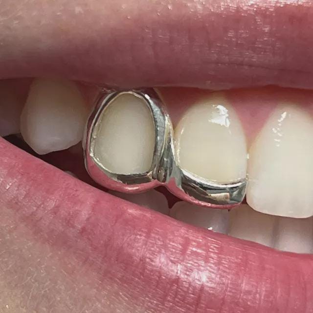 Custom Fit Grillz - 2 Teeth with Front Bar and Small Front Bar or Star Open Face Grillz Fangs - GrillzCity 