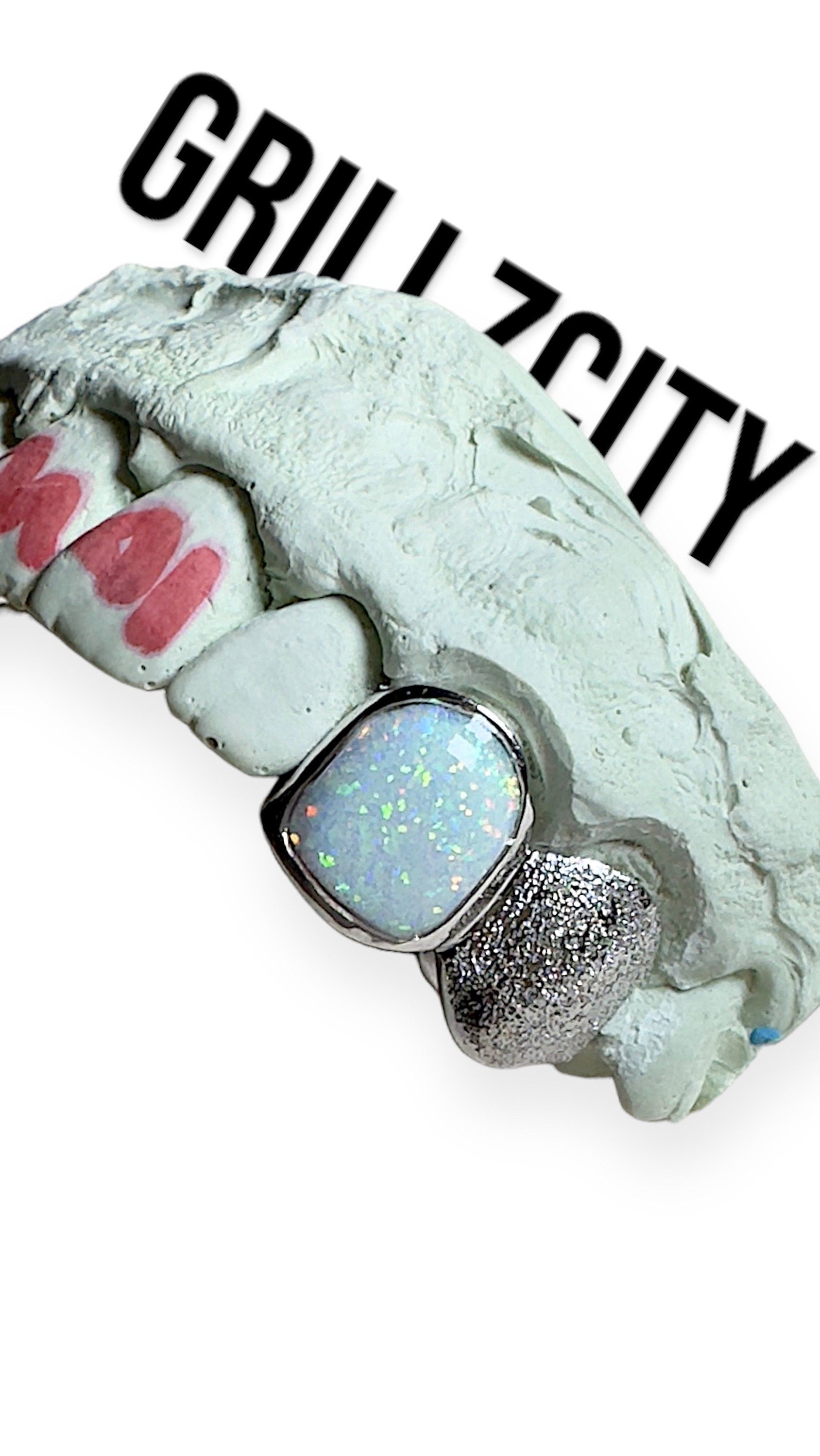 Custom Fit grillz  2 Teeth with white Opal Grillz fangs /925 Silver Slugs Grillz - GrillzCity 