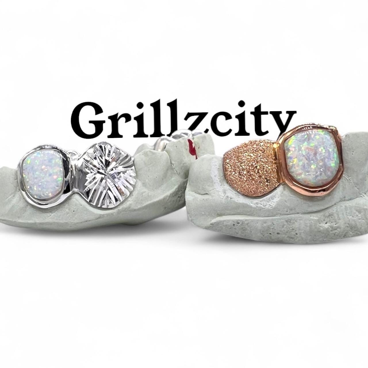Custom Fit grillz  2 Teeth with white Opal Grillz fangs /925 Silver Slugs Grillz - GrillzCity 