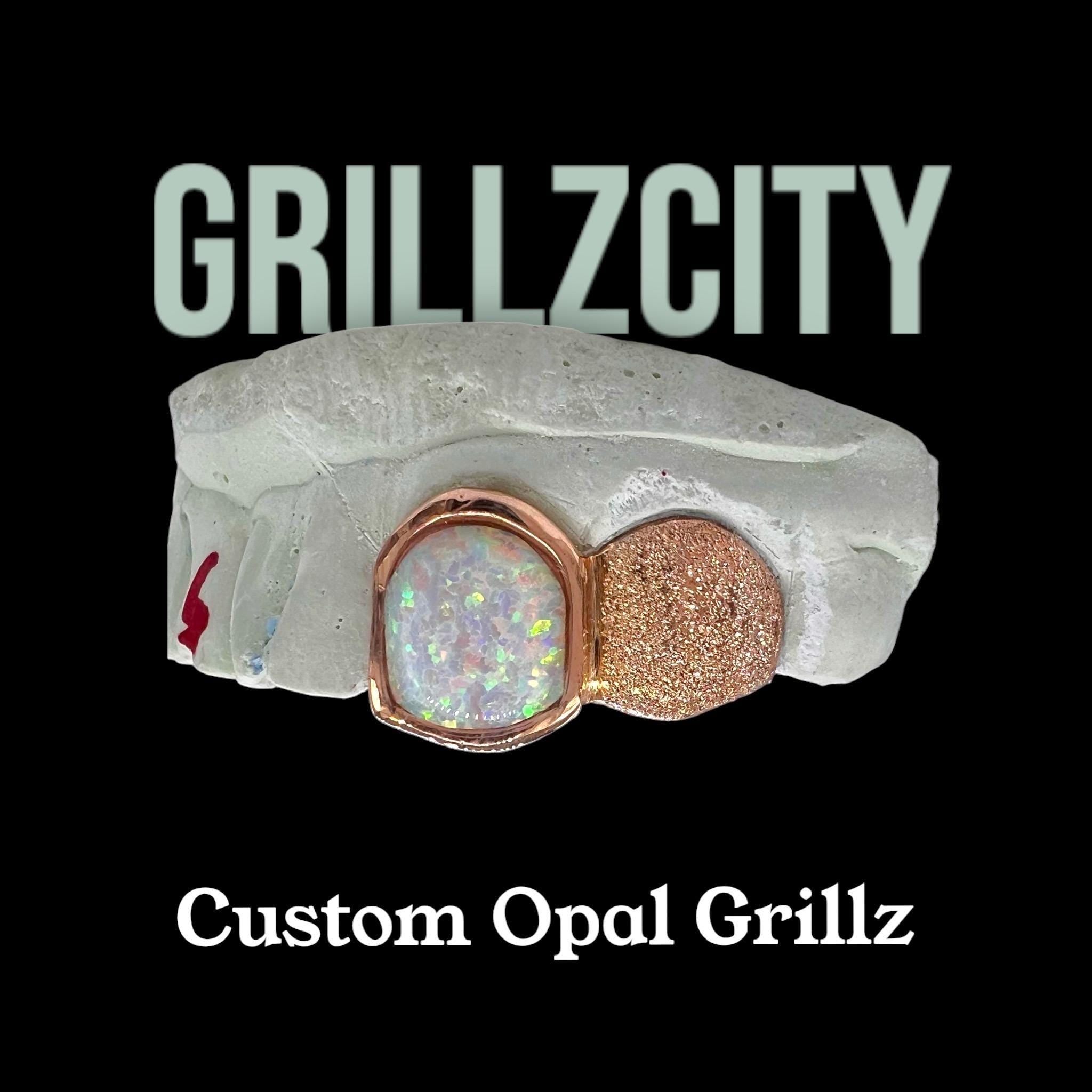 Custom Fit grillz  2 Teeth with white Opal Grillz fangs /925 Silver Slugs Grillz - GrillzCity 