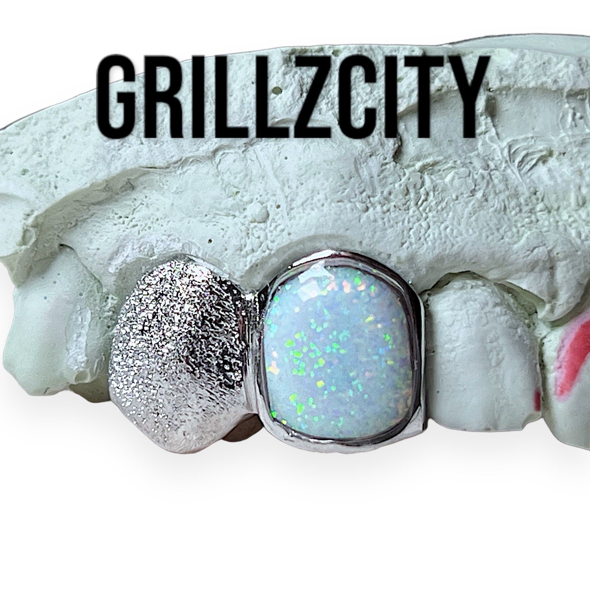 Custom Fit grillz  2 Teeth with white Opal Grillz fangs /925 Silver Slugs Grillz - GrillzCity 
