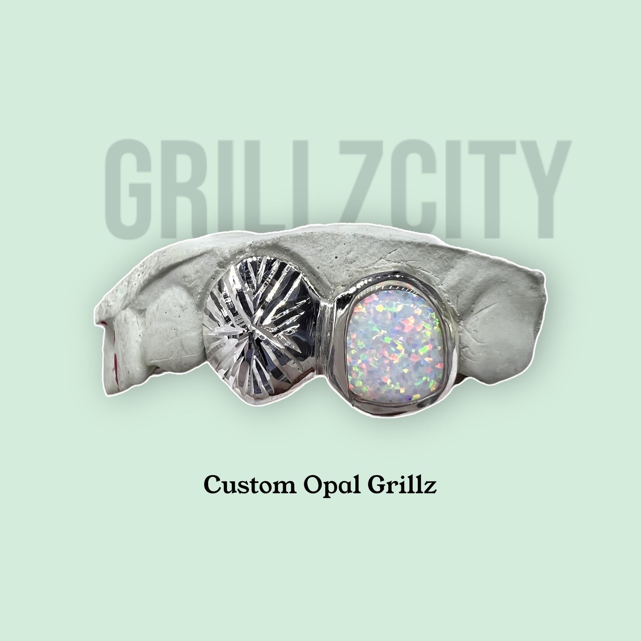 Custom Fit grillz  2 Teeth with white Opal Grillz fangs /925 Silver Slugs Grillz - GrillzCity 