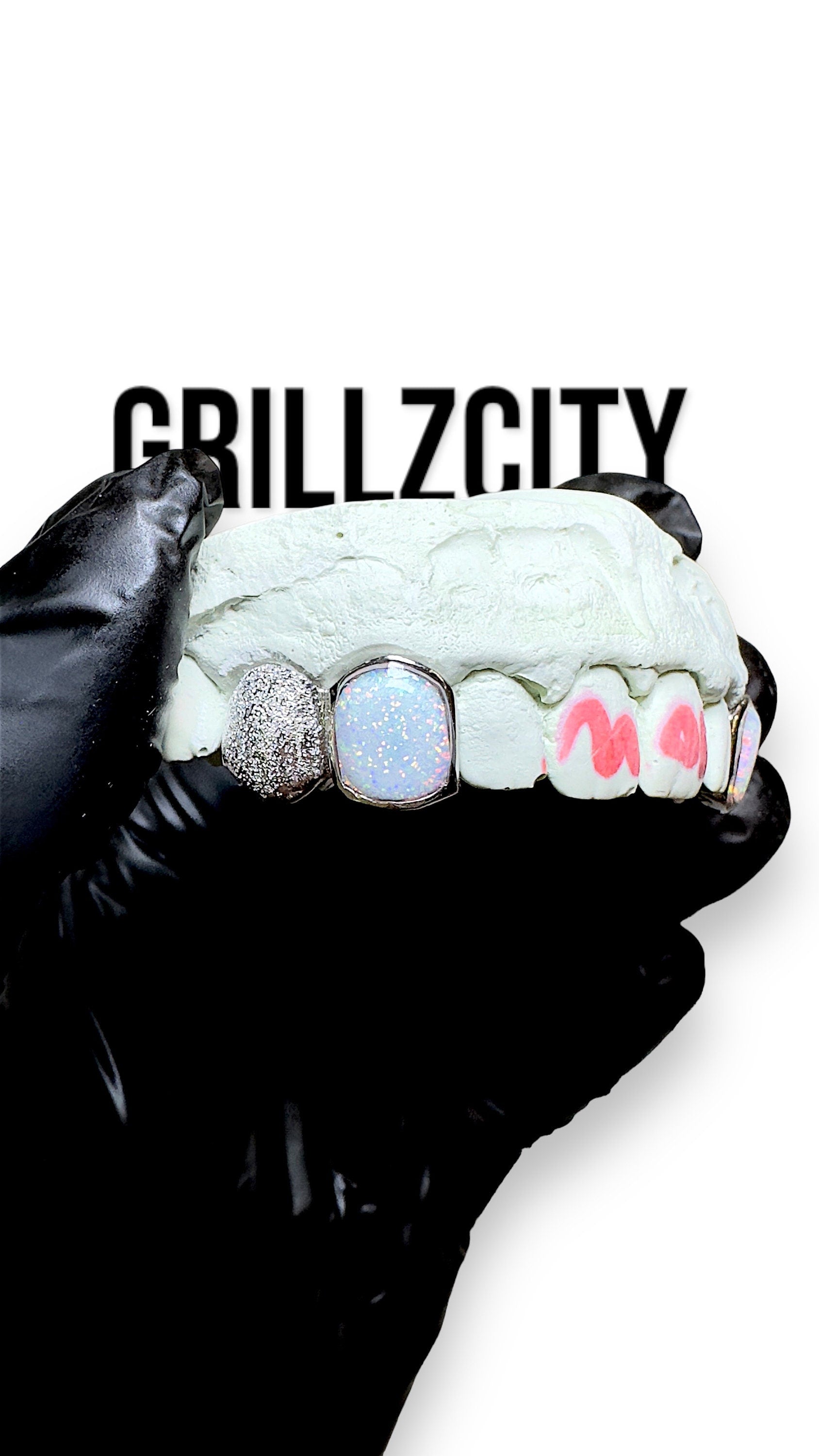 Custom Fit grillz  2 Teeth with white Opal Grillz fangs /925 Silver Slugs Grillz - GrillzCity 