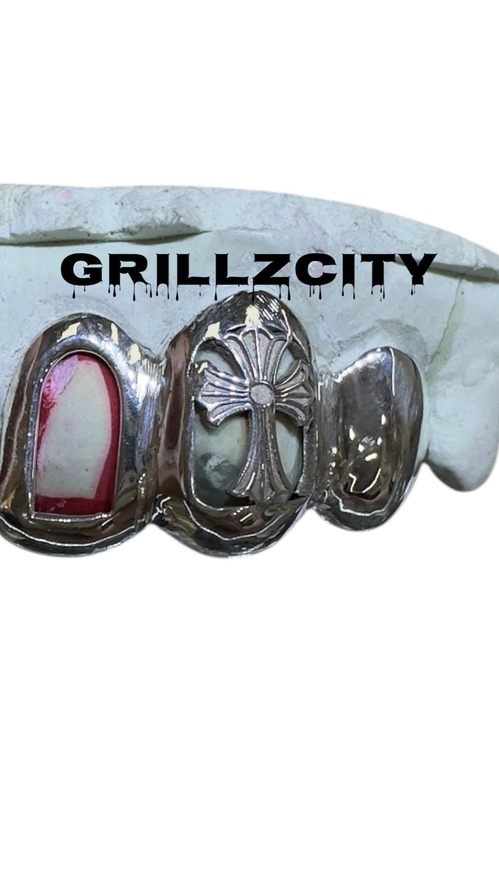 Custom Fit high polish grillz 3 Teeth with open face window Chrome Cross grillz fangs /gold Silver Slugs grillz with fangs for women and men - GrillzCity 