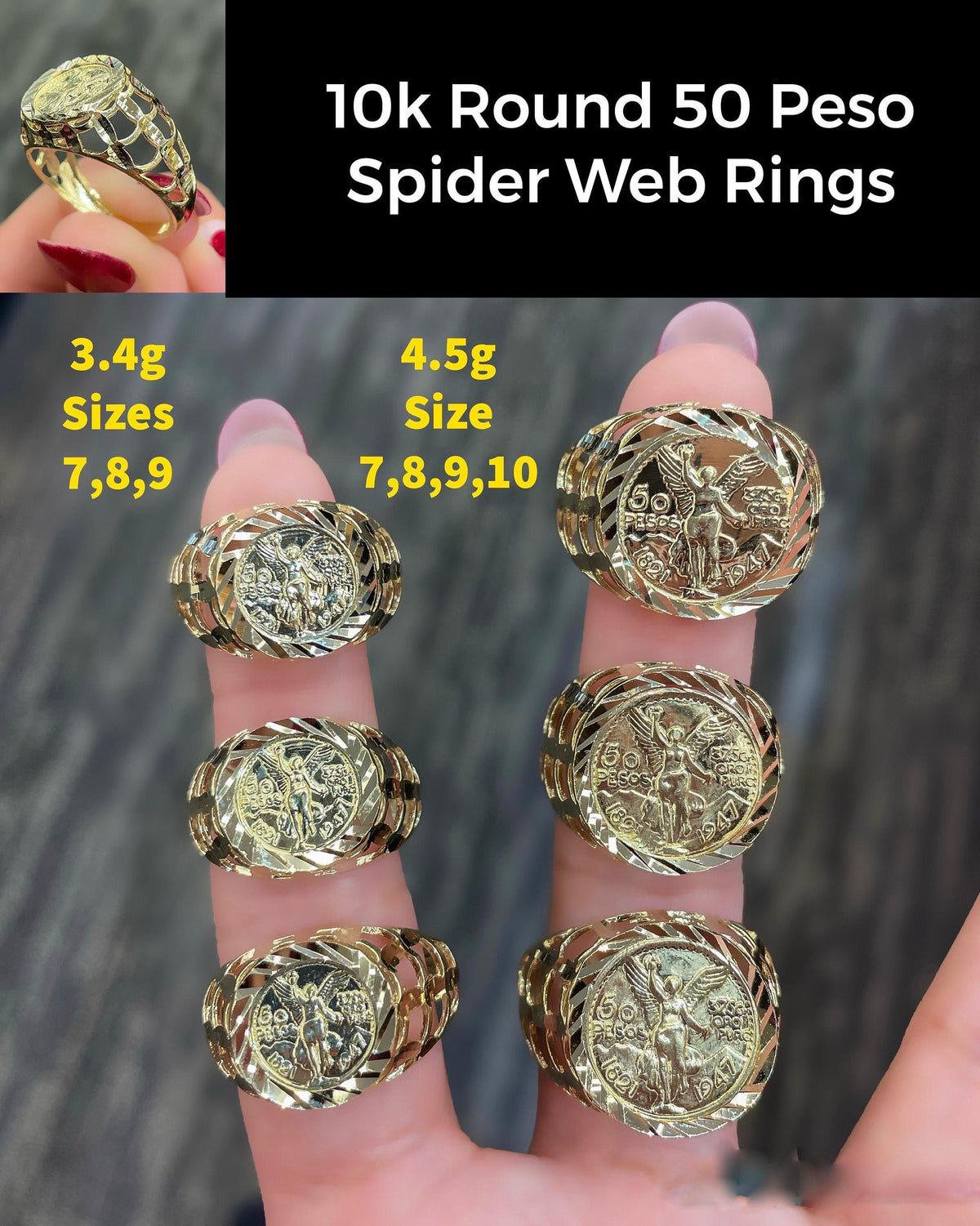 10K gold round 50 peso spider web Rings |Real Solid Gold 10K round 50 peso Ring Yellow Gold |3.4gram-4.5 gram |Statement Rings| Ring for men - GrillzCity 