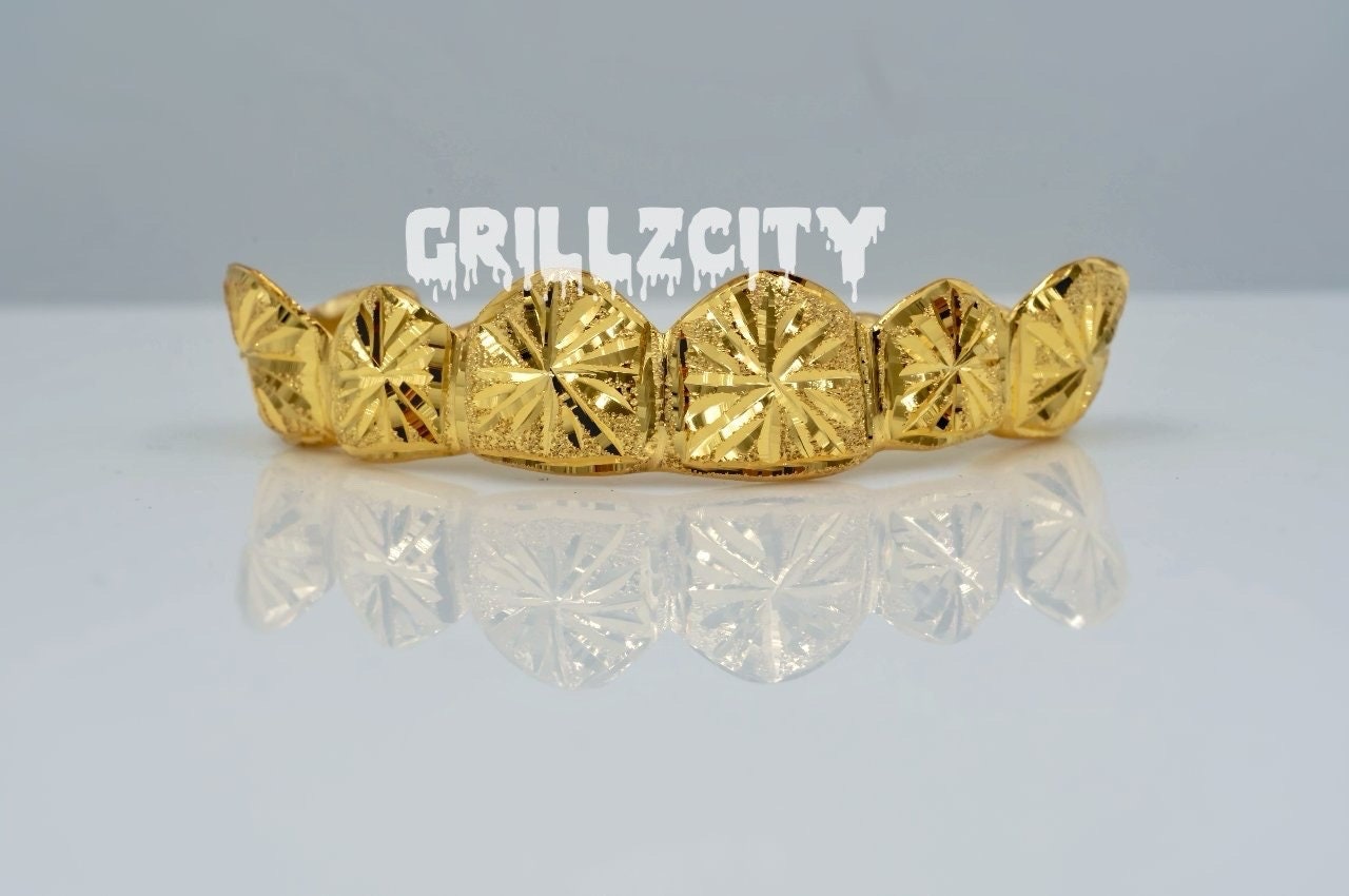 Diamond Dust Gold Grillz Starburst Cut / Dust Cut Grillz with free mold kit and shipping - GrillzCity 