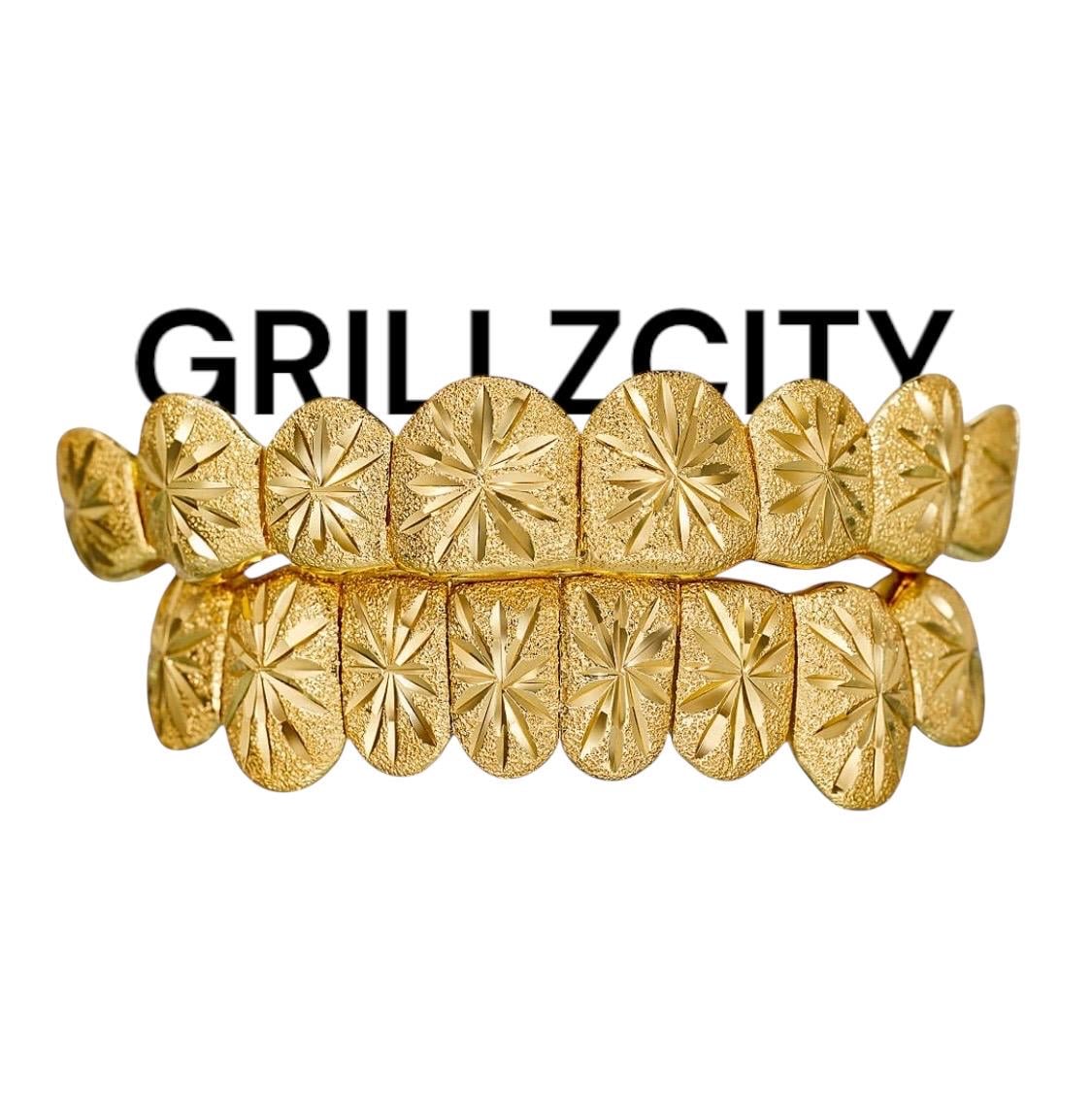 Diamond Dust Gold Grillz Starburst Cut / Dust Cut Grillz with free mold kit and shipping - GrillzCity 