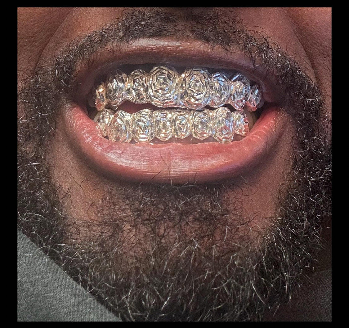 Rose Diamond Cut Grillz - Gold Teeth Silver Custom Grillz - GrillzCity 