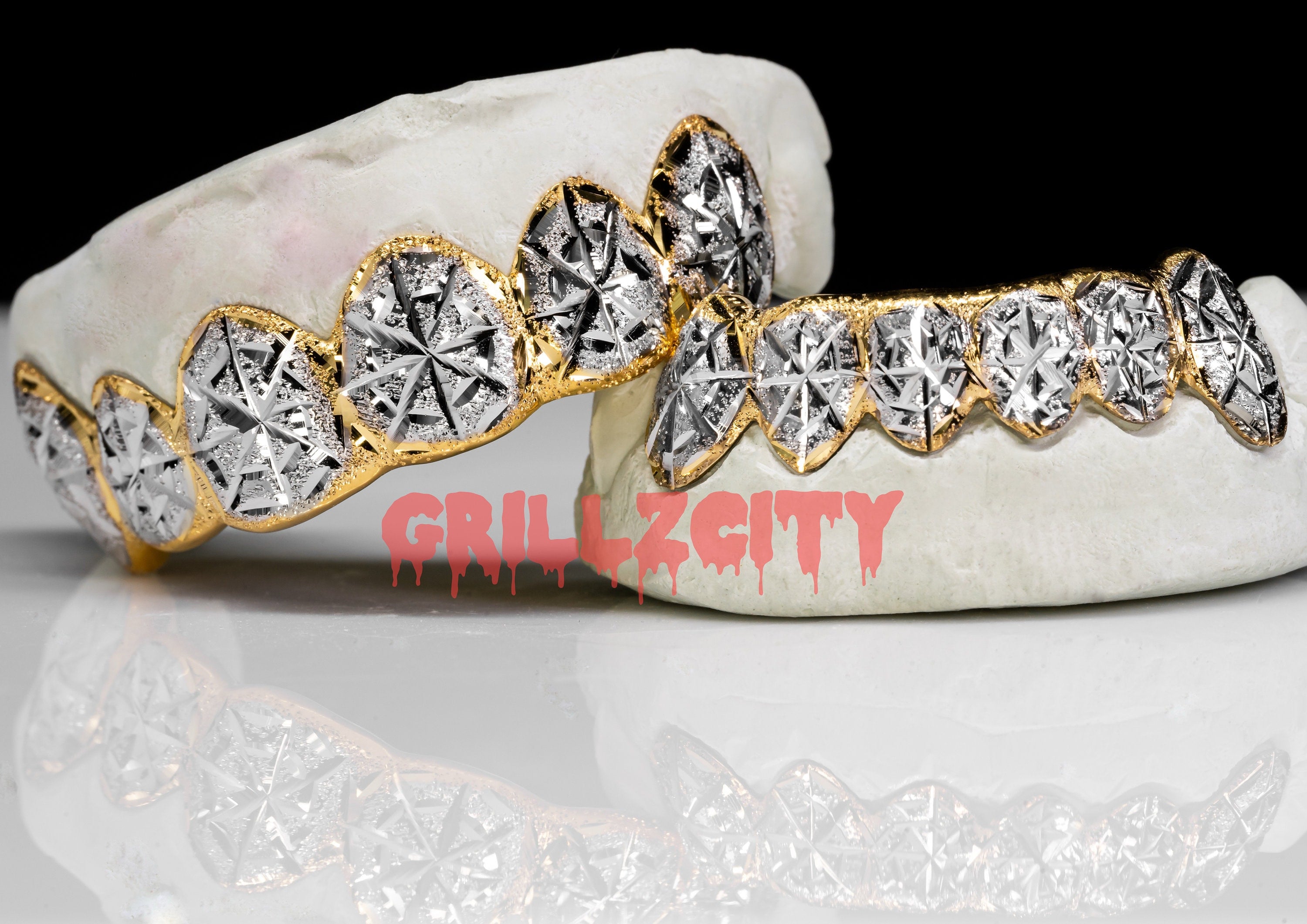 Custom Real Gold / 925 Silver Grillz  Spider Web diamond dust Cut Grillz with free mold kit and shipping - GrillzCity 