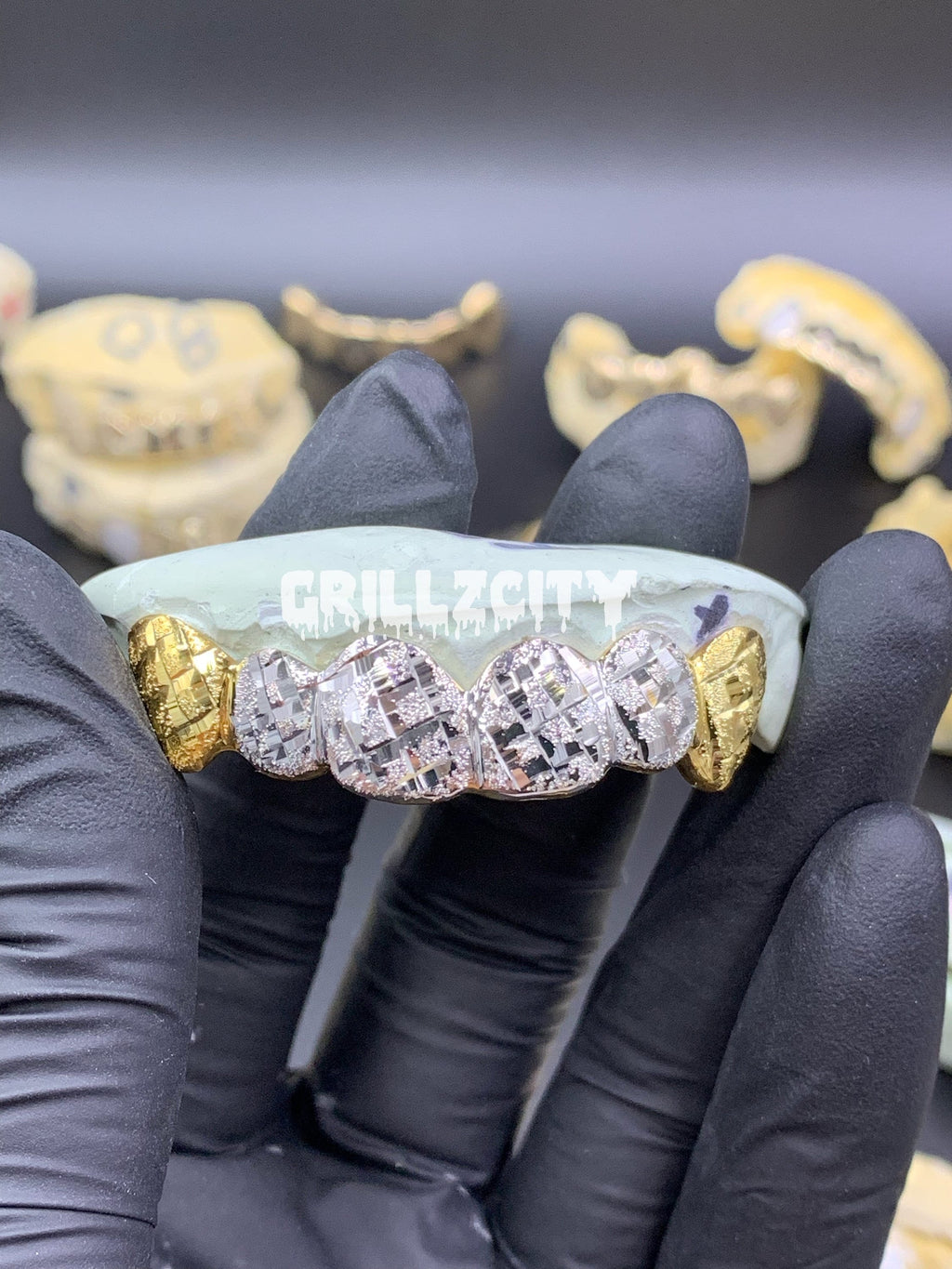 Custom Real 2 color Gold Grillz / 925 Silver Grillz  Diamond dust diamond Cut Custom Grillz with free mold kit and shipping by Grillzcity - GrillzCity 